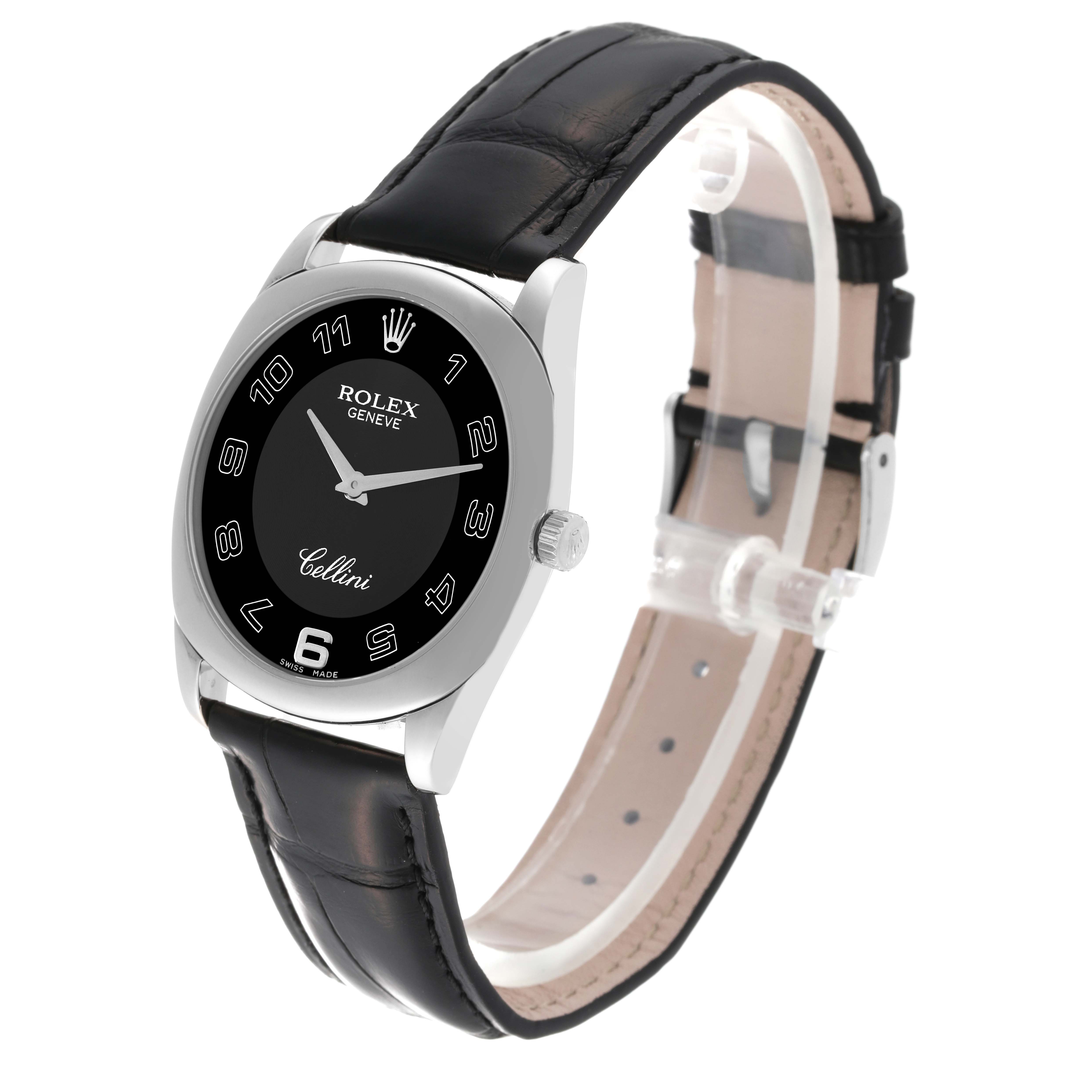 The Rolex Cellini 4233/9 Men's White Gold Black Dial 4233/9 Men's White Gold Black Dial watch is shown at a three-quarter angle, displaying the face, bezel, crown, and black leather strap.