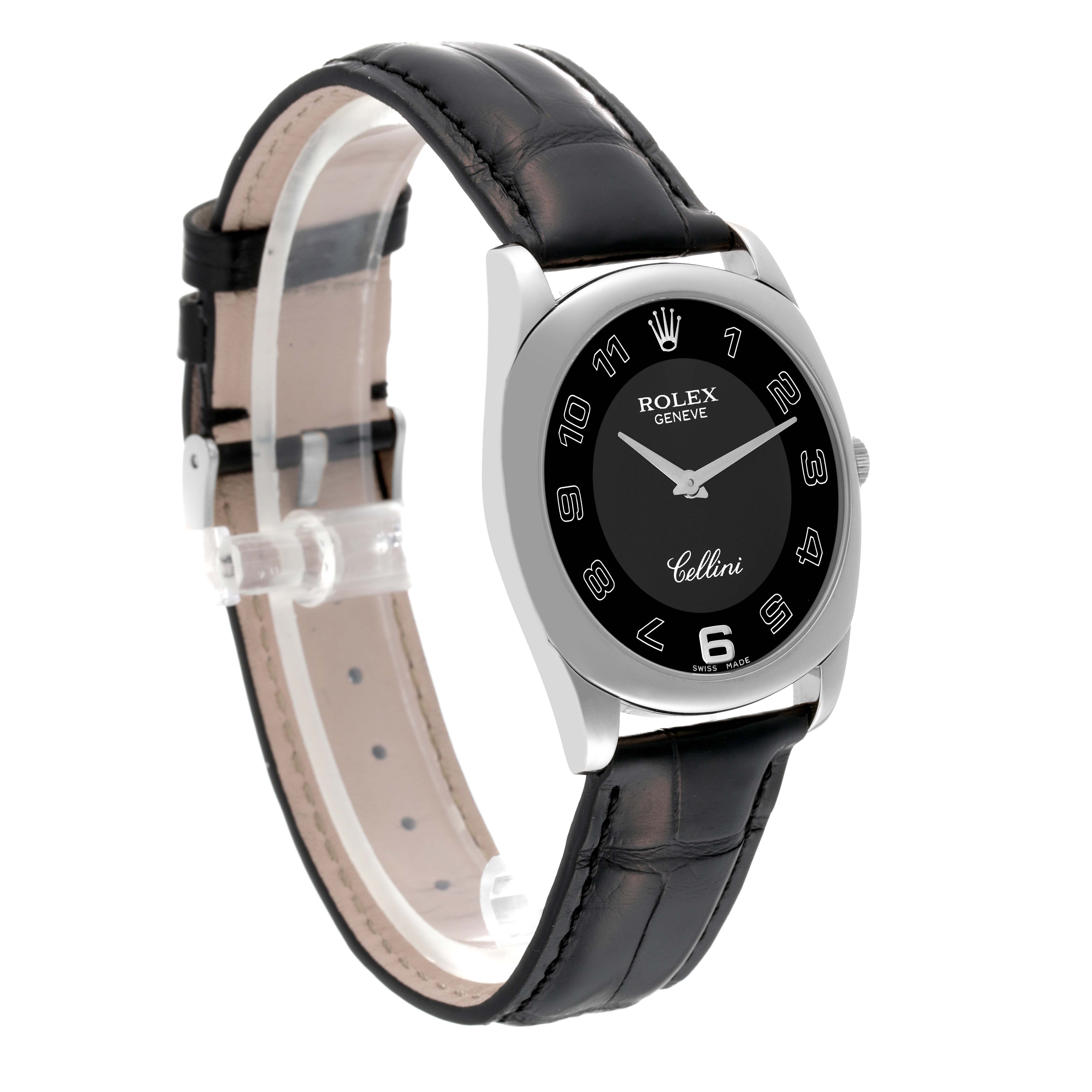 The Rolex Cellini 4233/9 Men's White Gold Black Dial 4233/9 Men's White Gold Black Dial watch is shown at an angle highlighting the watch face, case, and black leather strap.