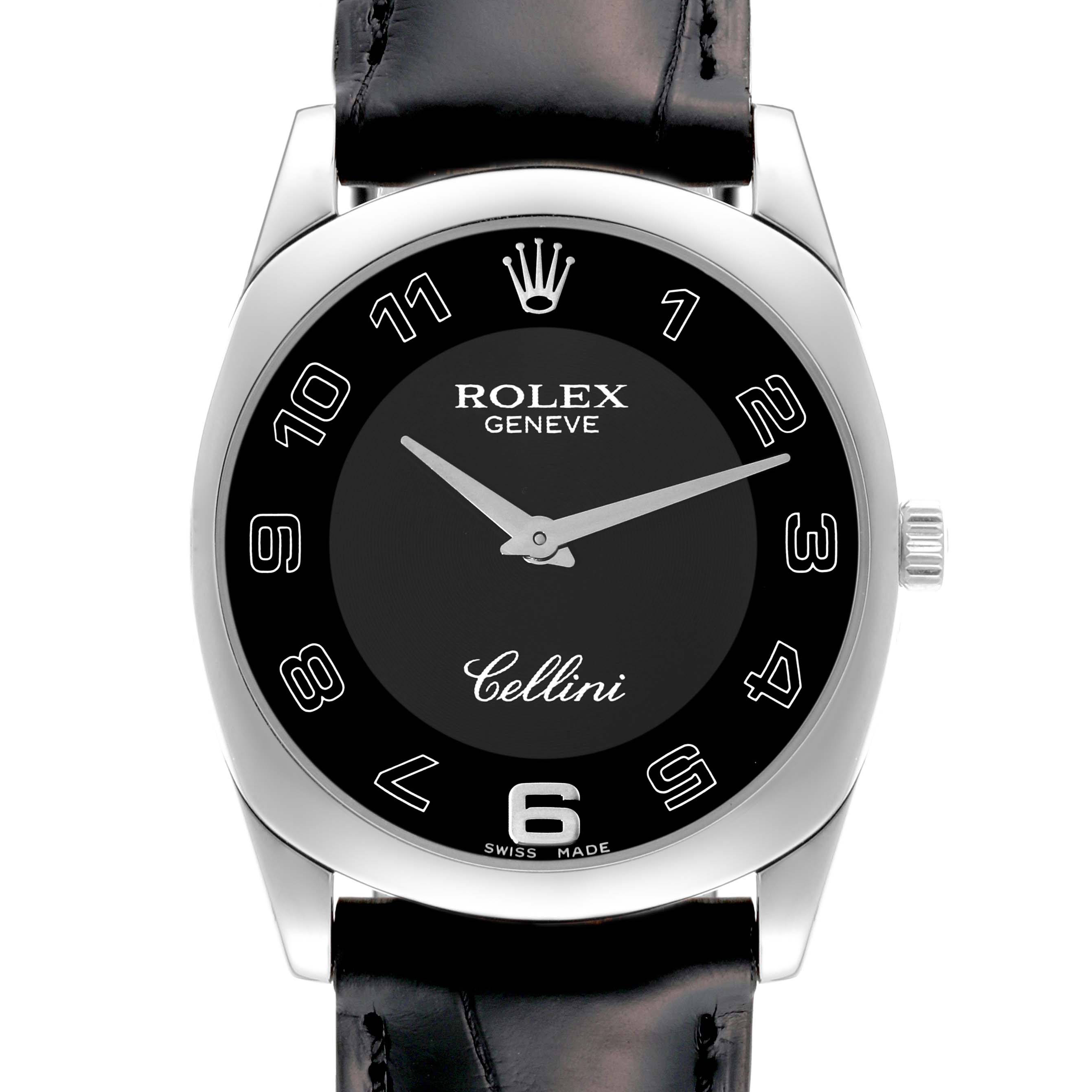 This image shows the front view of a Rolex Cellini 4233/9 Men's White Gold Black Dial 4233/9 Men's White Gold Black Dial watch, highlighting the dial, hands, and part of the leather strap.