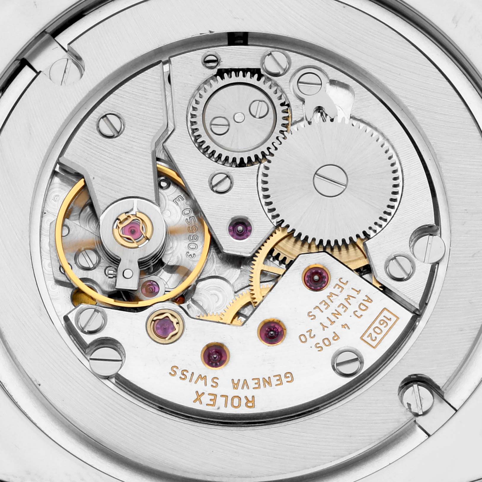 This image shows the intricate mechanical movement (back view) of a Rolex Cellini 4233/9 Men's White Gold Black Dial 4233/9 Men's White Gold Black Dial model watch.