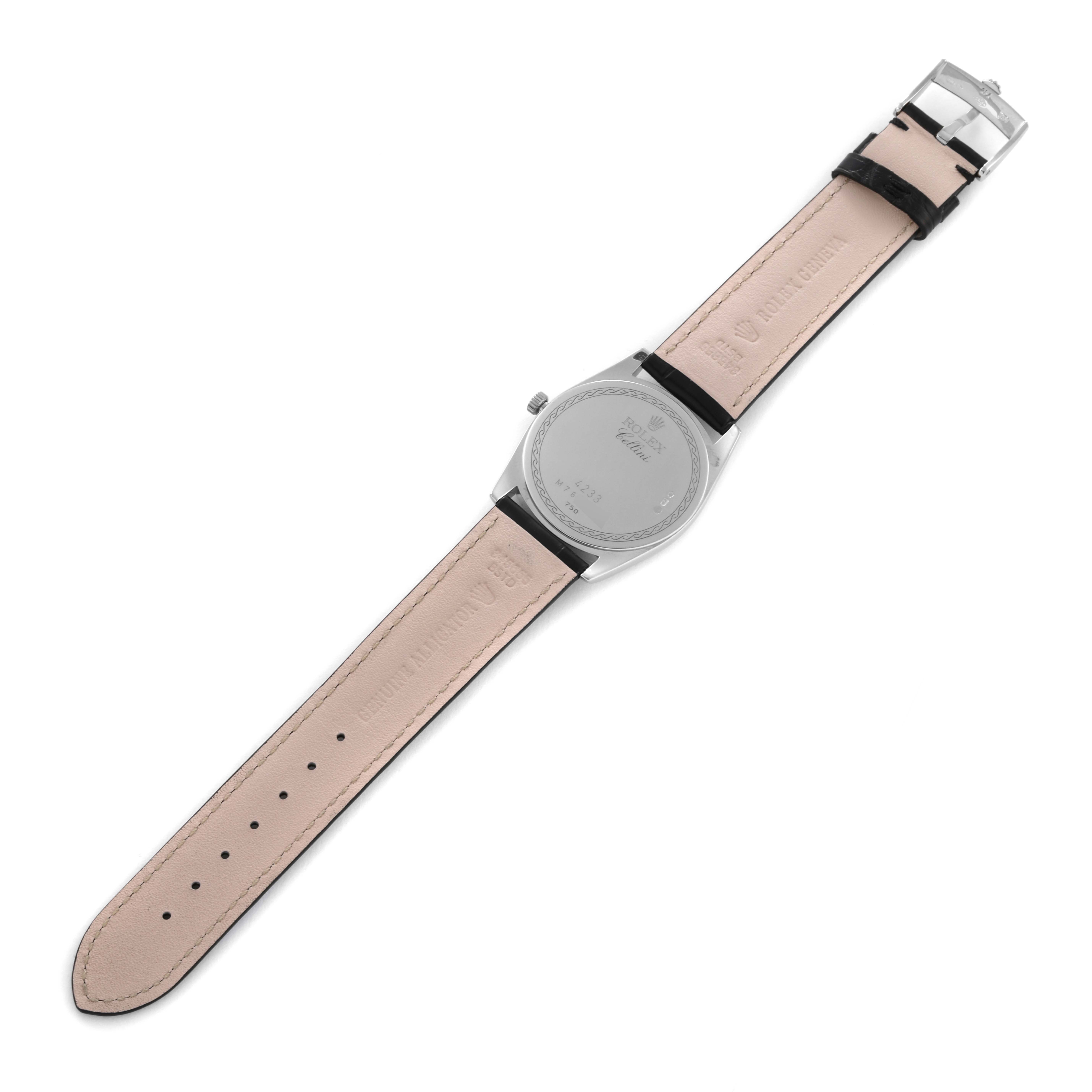 The image shows the back of a Rolex Cellini 4233/9 Men's White Gold Black Dial 4233/9 Men's White Gold Black Dial watch, highlighting the leather strap and case back.