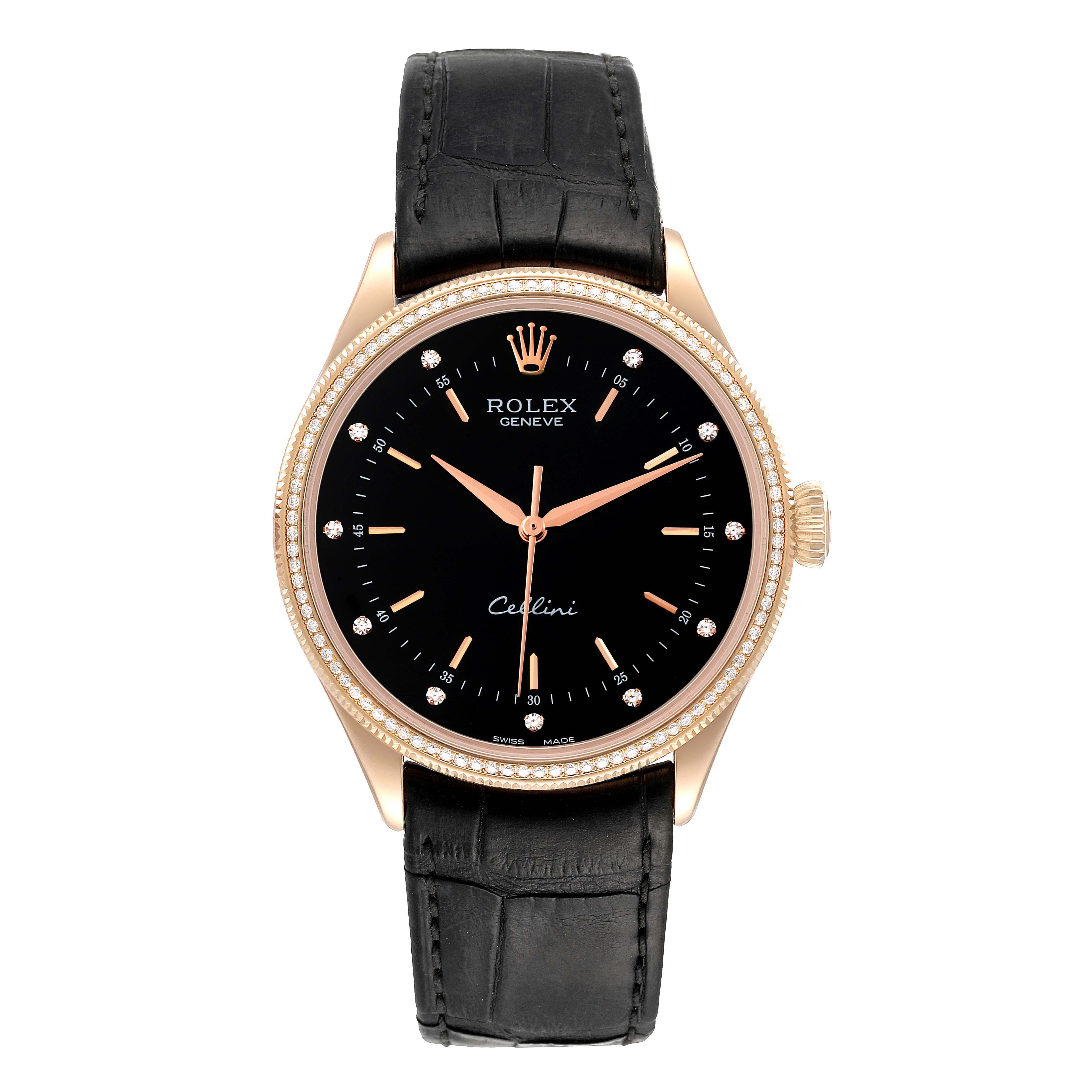 Rolex Cellini Time 18K Rose Gold Black Dial Diamond Mens Watch 50605 ...
