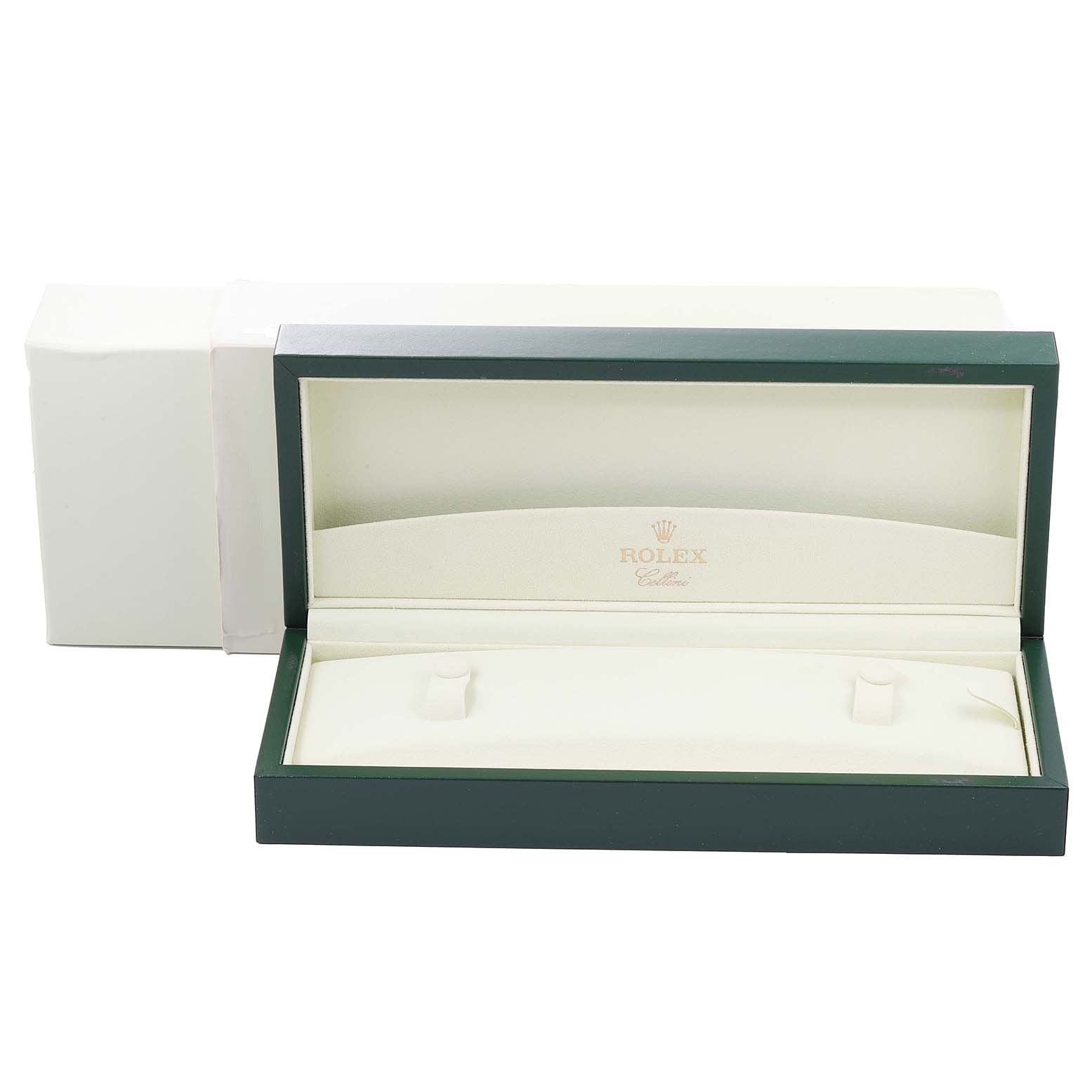 The image shows an open Rolex Cellini 50605 Men
s Rose Gold Black Dial 50605 Men
s Rose Gold Black Dial watch box, displaying its interior and the placement slots for the watch.