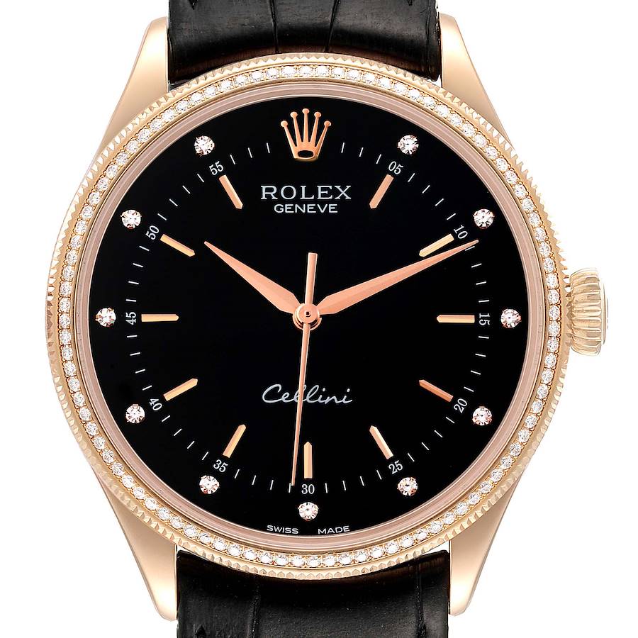 Rolex Cellini Time 18K Rose Gold Black Dial Diamond Mens Watch 50605 SwissWatchExpo