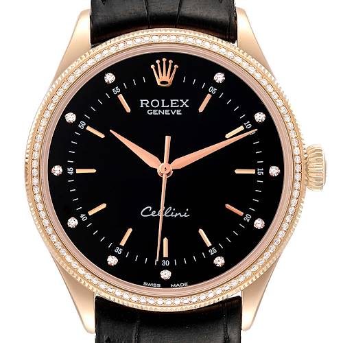 Photo of Rolex Cellini Time 18K EveRose Gold Black Dial Diamond Mens Watch 50605