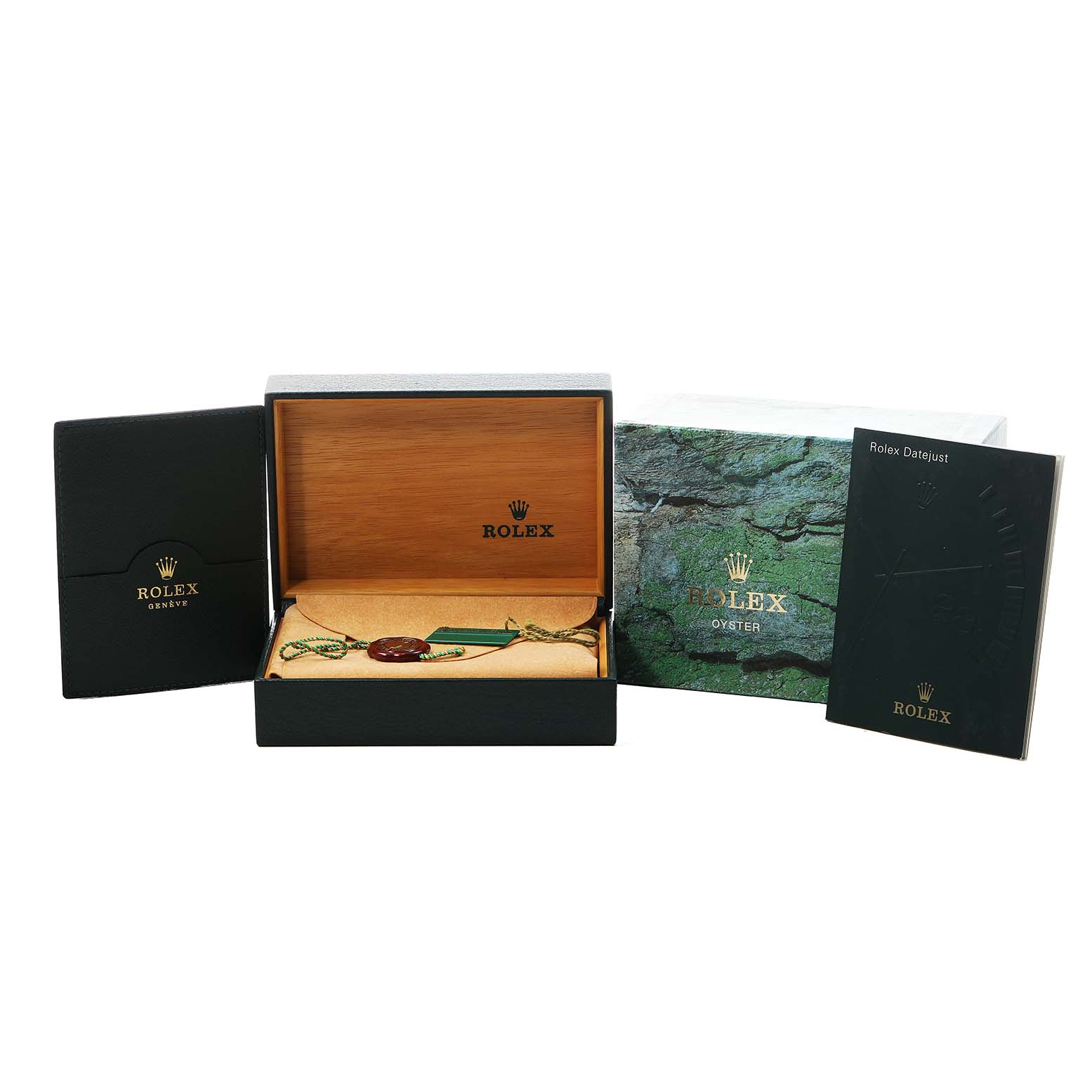 The image shows Rolex Date 15200 Men's Stainless Steel Blue Dial packaging, including an open box, booklet, and accessories, all viewed from the front.