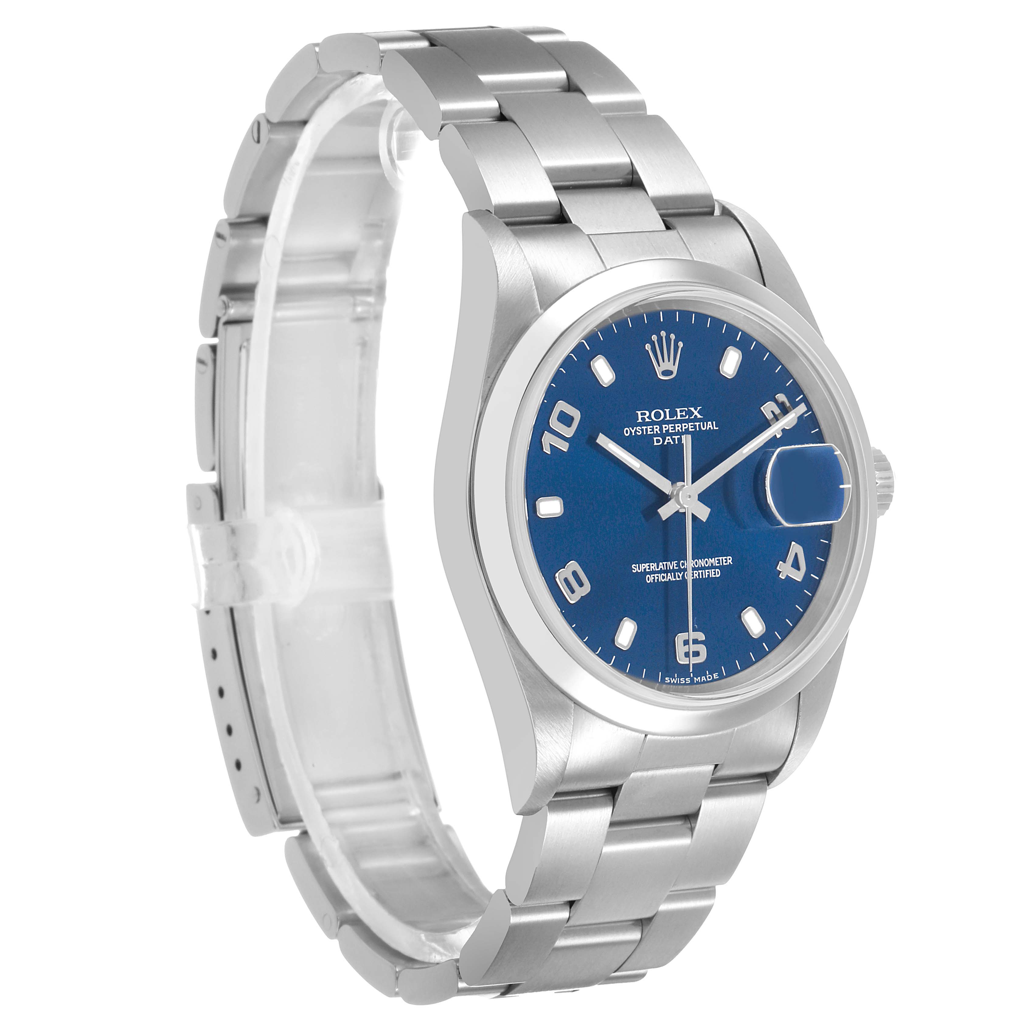 The Rolex Date 15200 Men's Stainless Steel Blue Dial watch is shown at a three-quarter angle, displaying the blue dial, bezel, case, and bracelet.