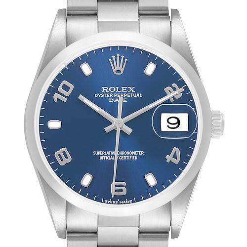 The Rolex Date 15200 Men's Stainless Steel Blue Dial model is shown from the front, displaying its blue dial, luminescent markers, and date window.