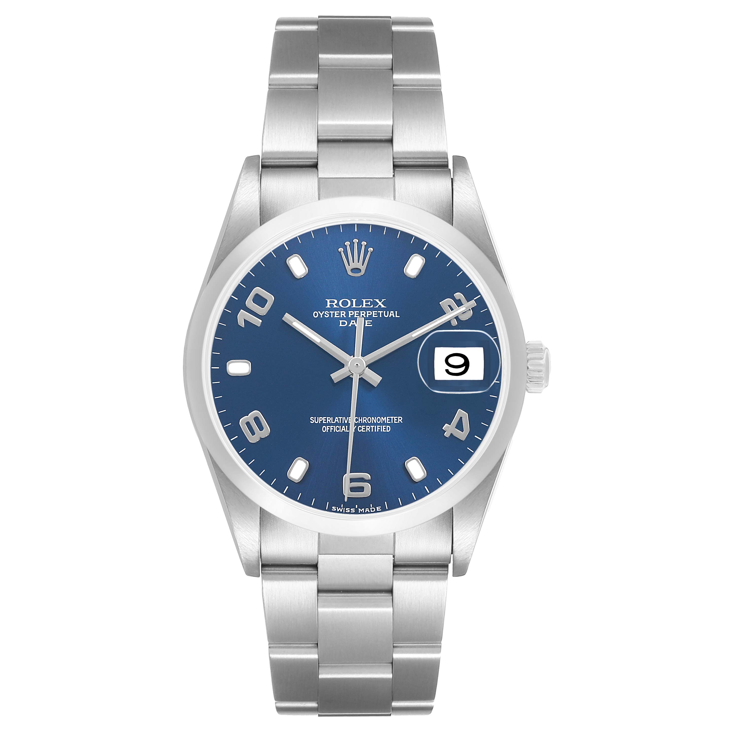 The Rolex Date 15200 Men's Stainless Steel Blue Dial model is shown from a front view, displaying the blue dial, hour markers, hands, date window, and bracelet.