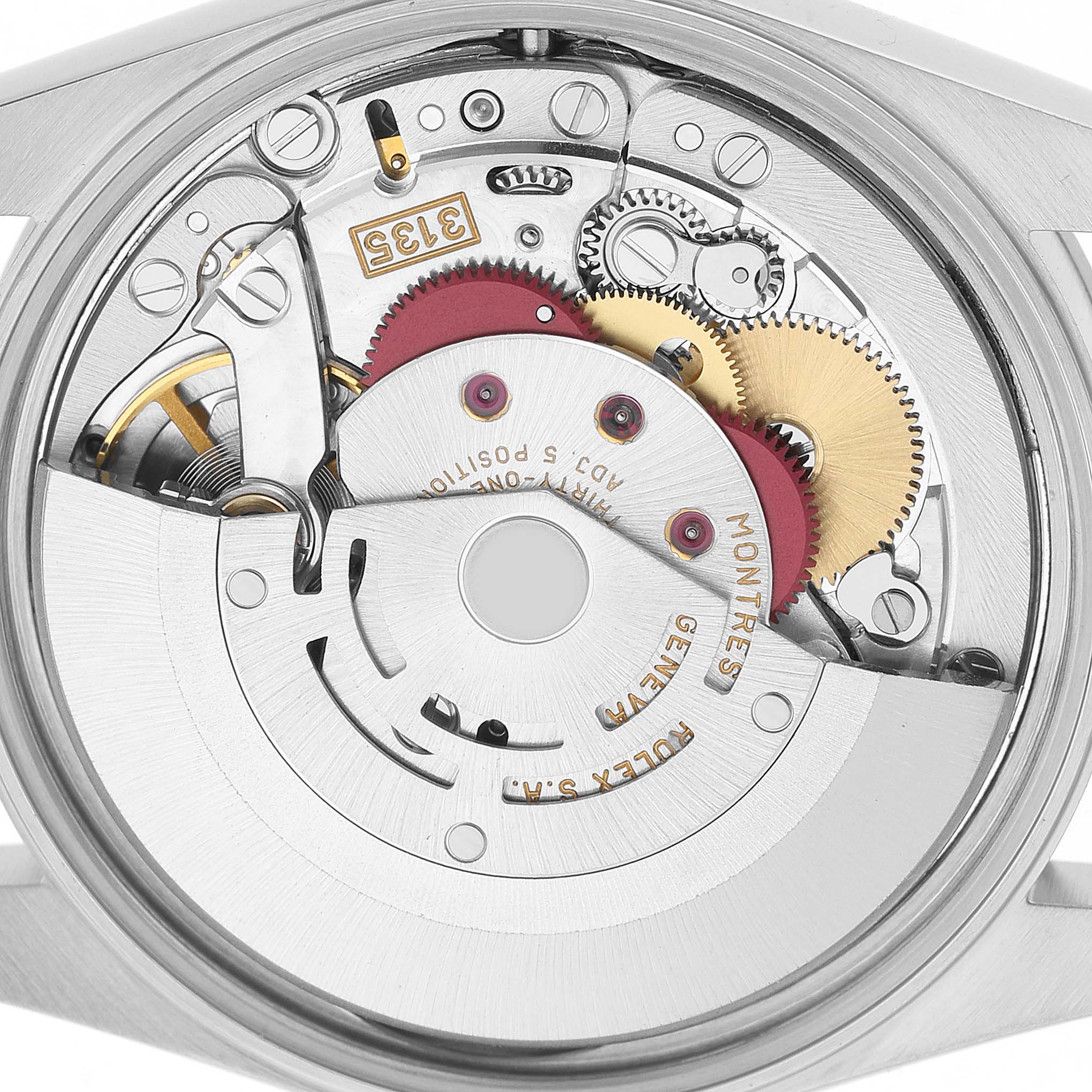 The image shows a Rolex Date 15200 Men's Stainless Steel Blue Dial model watch movement from a top-down angle, highlighting gears and components.