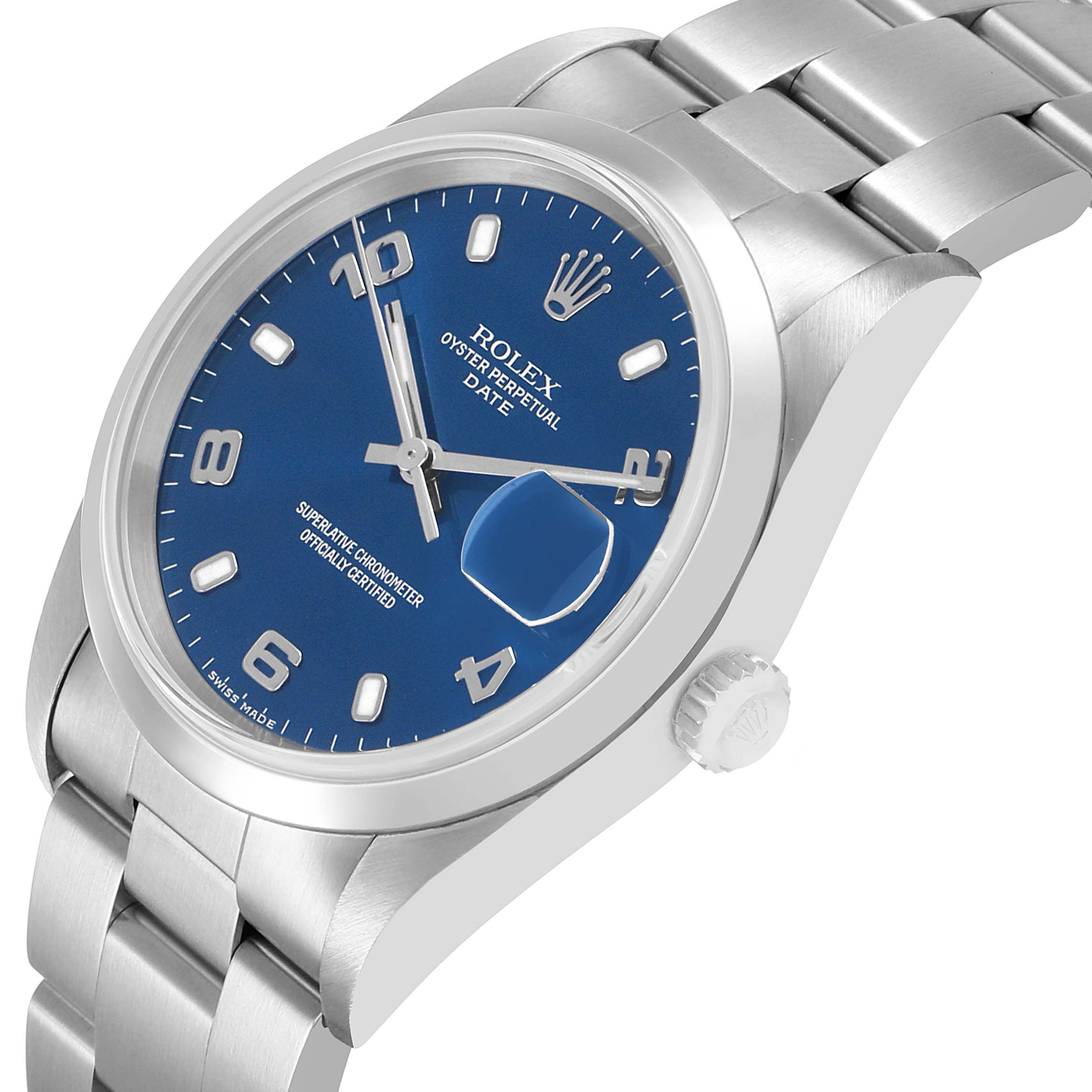 The Rolex Date 15200 Men's Stainless Steel Blue Dial watch is shown at an angled side view, highlighting the blue dial, stainless steel bracelet, case, and crown.