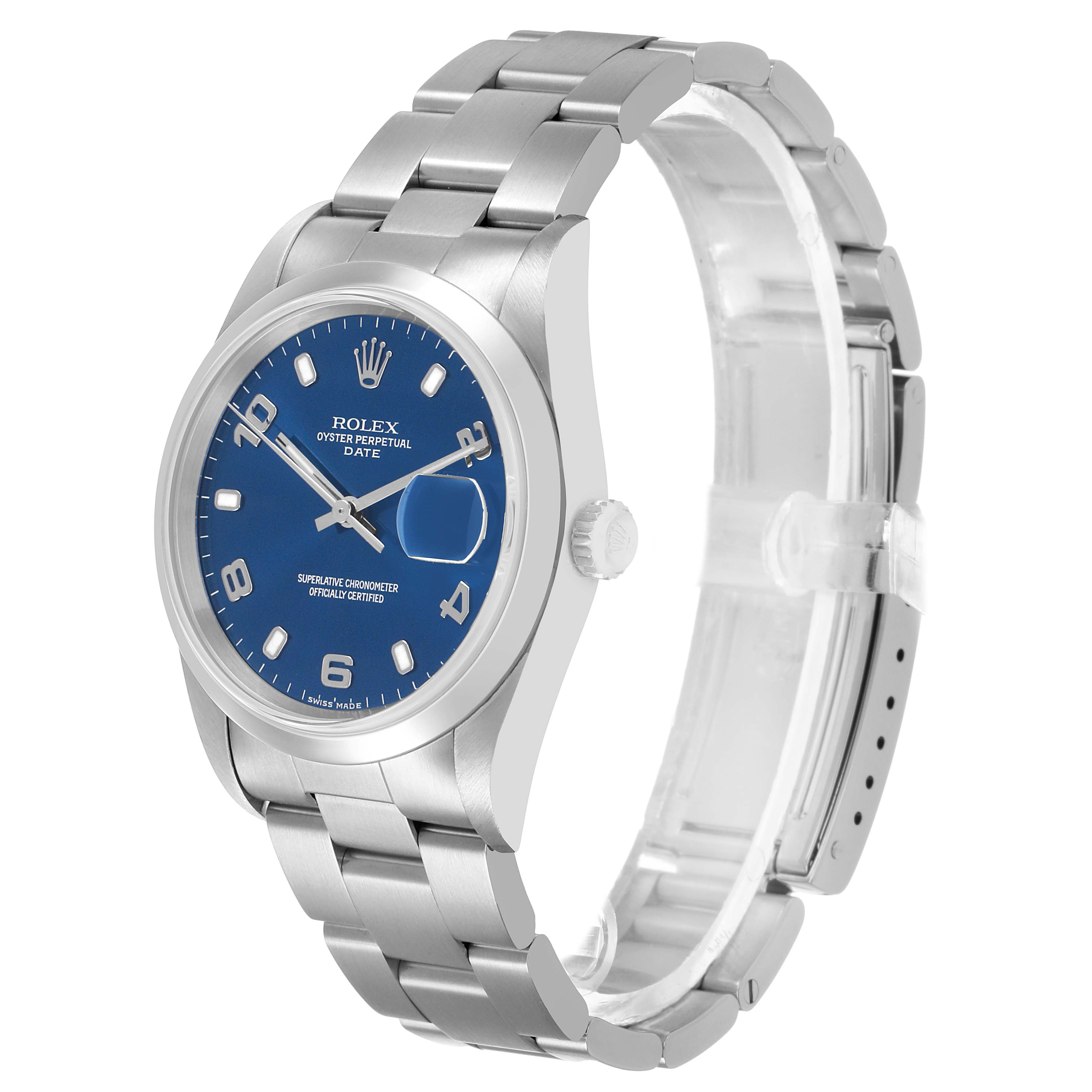 The Rolex Date 15200 Men's Stainless Steel Blue Dial watch is shown at a slight angle, highlighting the bracelet, crown, and blue dial.