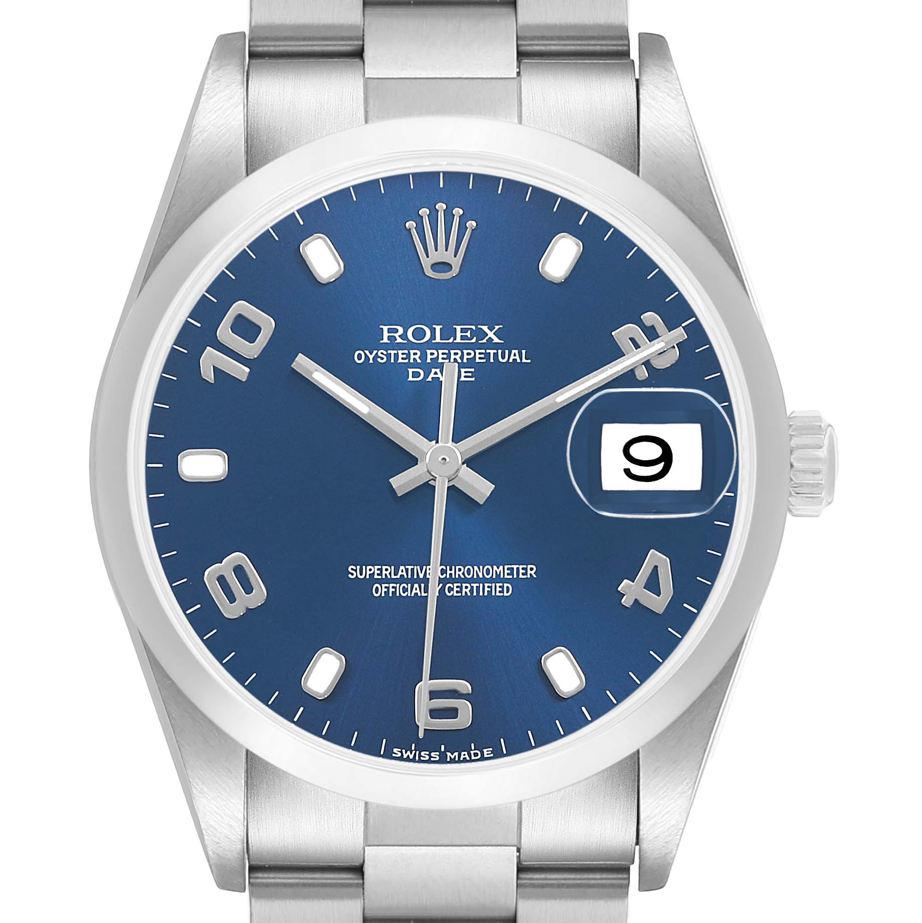 The Rolex Date 15200 Men's Stainless Steel Blue Dial model watch is shown from a front angle, displaying its blue dial, silver indices, and date window.
