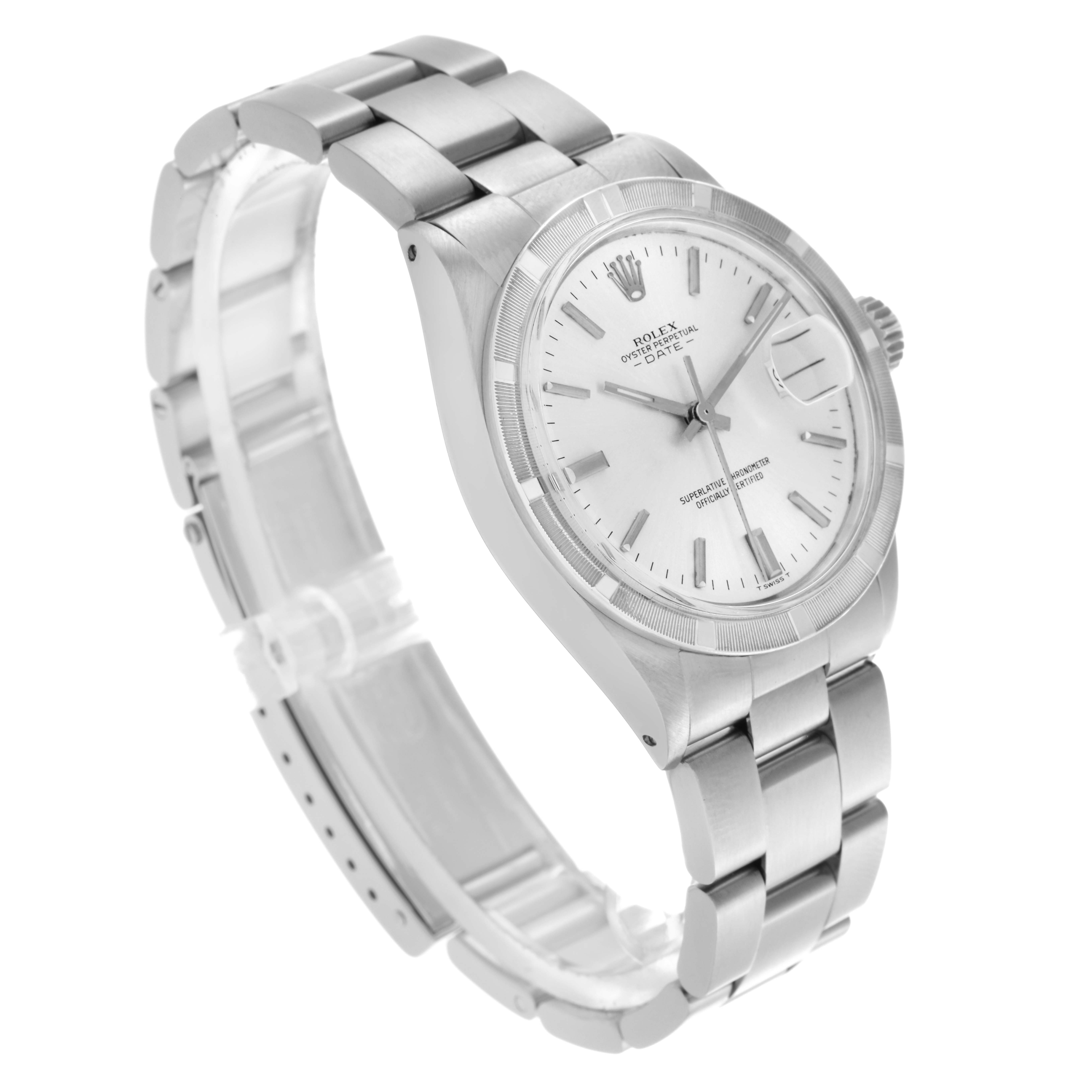 The Rolex Date watch is shown at a three-quarter angle, displaying the case, dial, bezel, crown, and part of the bracelet.