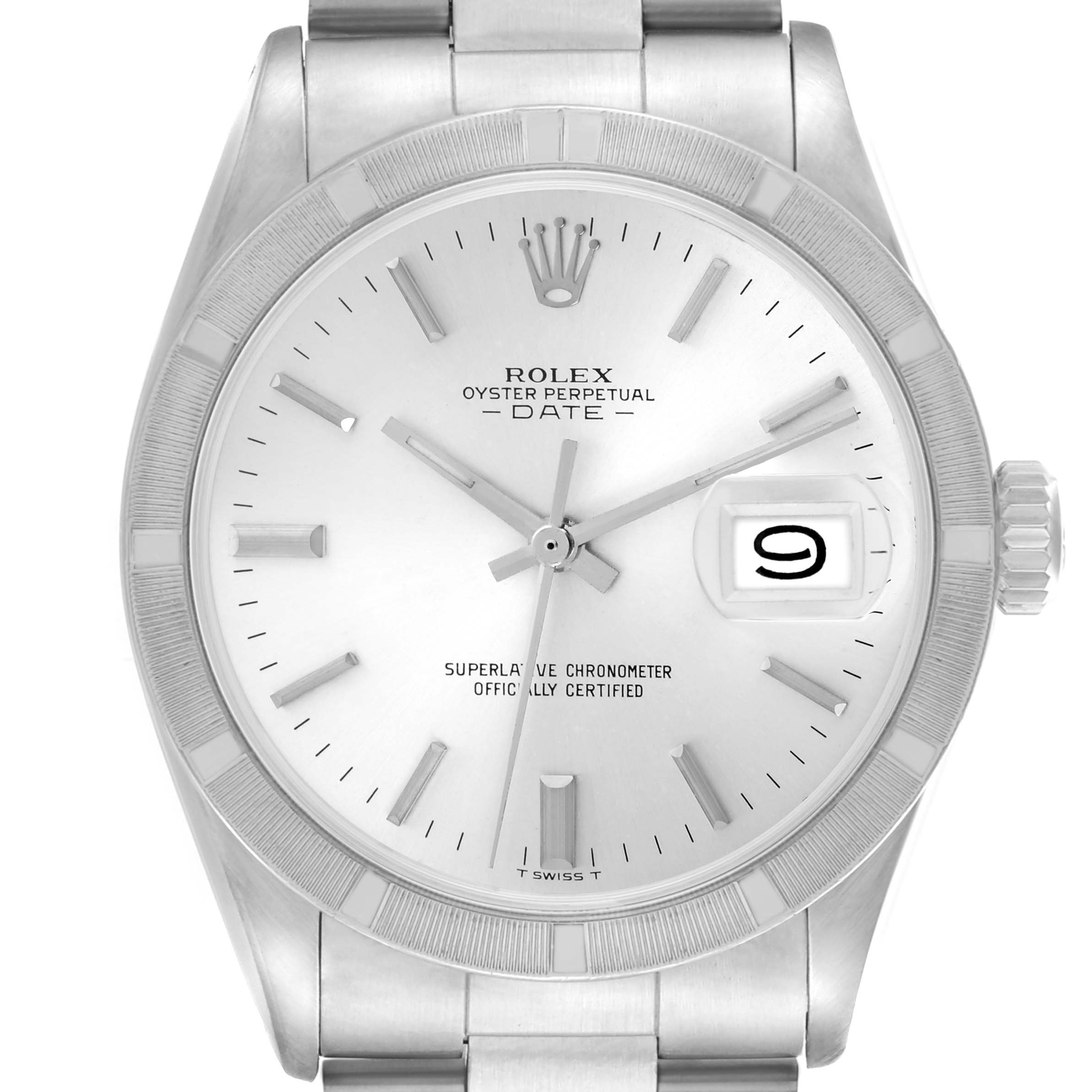 The Rolex Date watch is shown from a front angle, displaying the dial, bezel, crown, and upper bracelet links.