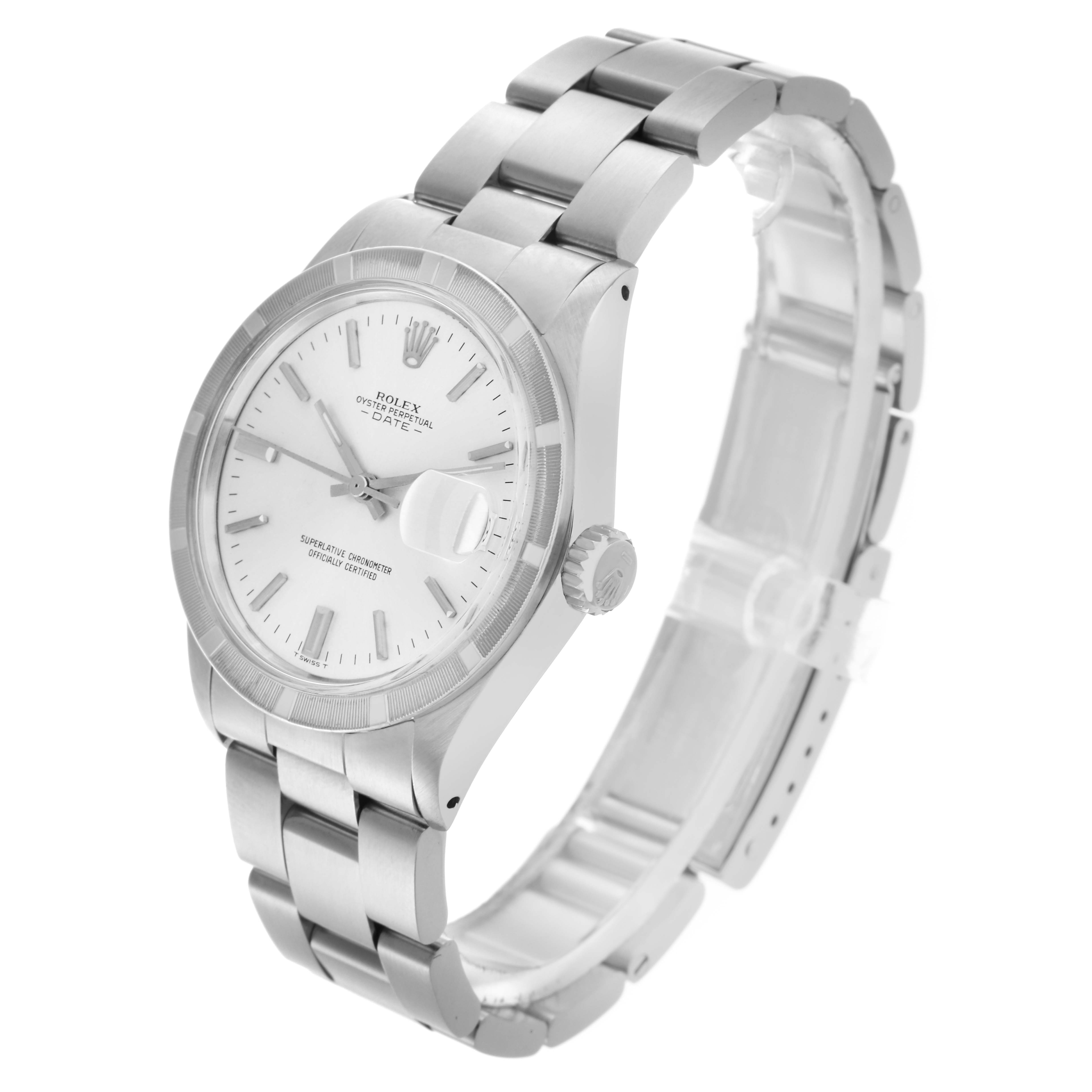 The Rolex Date watch is shown at a three-quarter angle, highlighting the dial, crown, and bracelet.