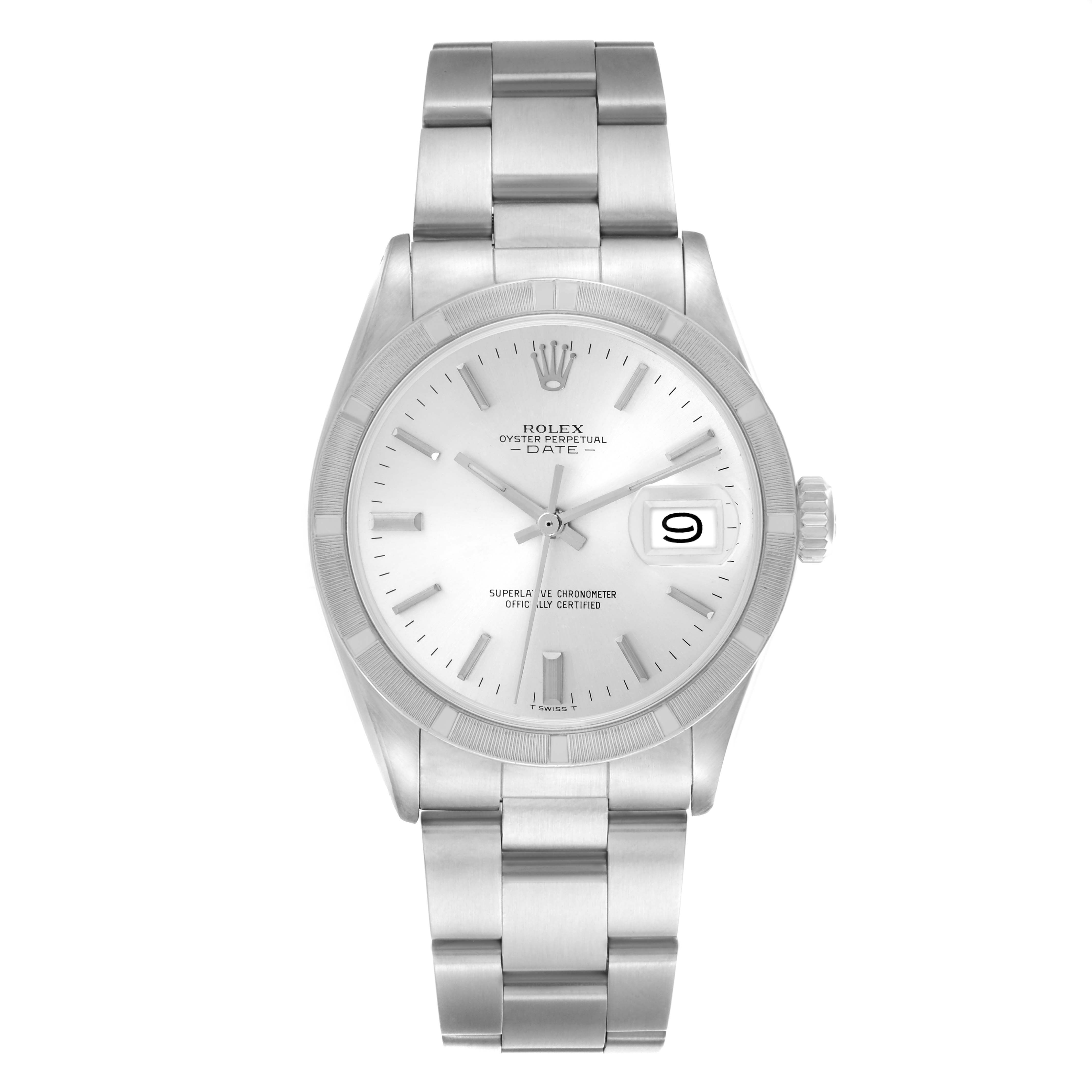 The Rolex Date watch is shown from the front, displaying the dial, bracelet, and clasp.