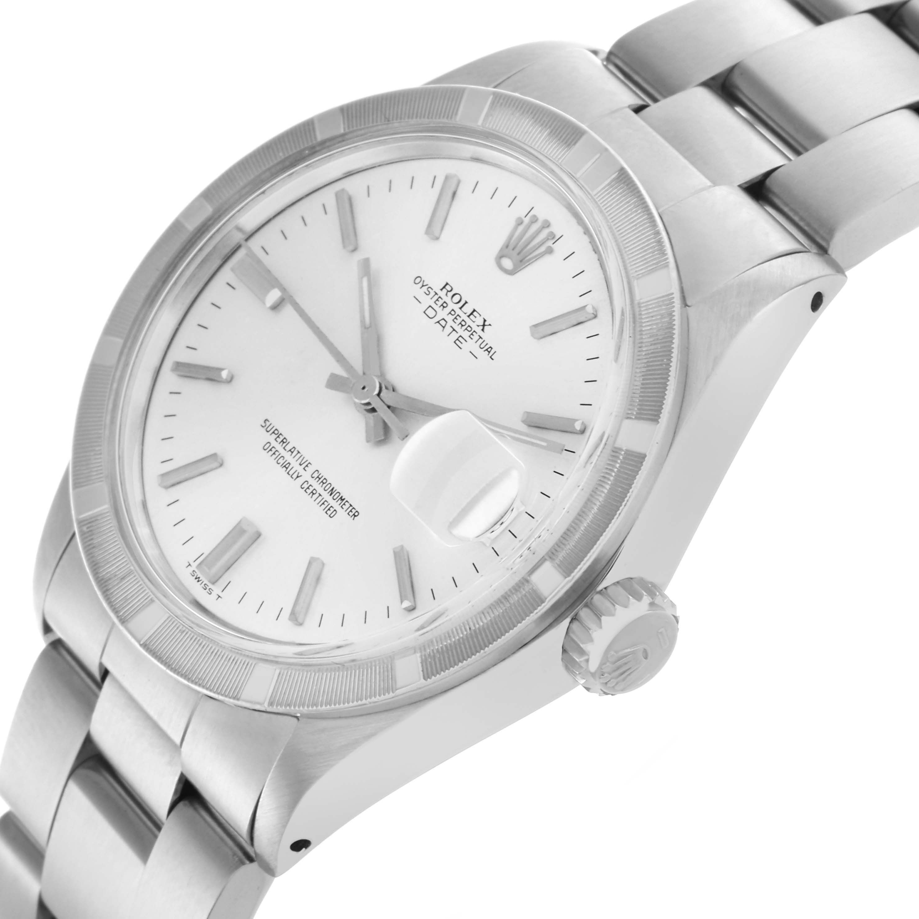 The Rolex Date watch is shown at a tilted angle, highlighting the dial, crown, and partial bracelet.