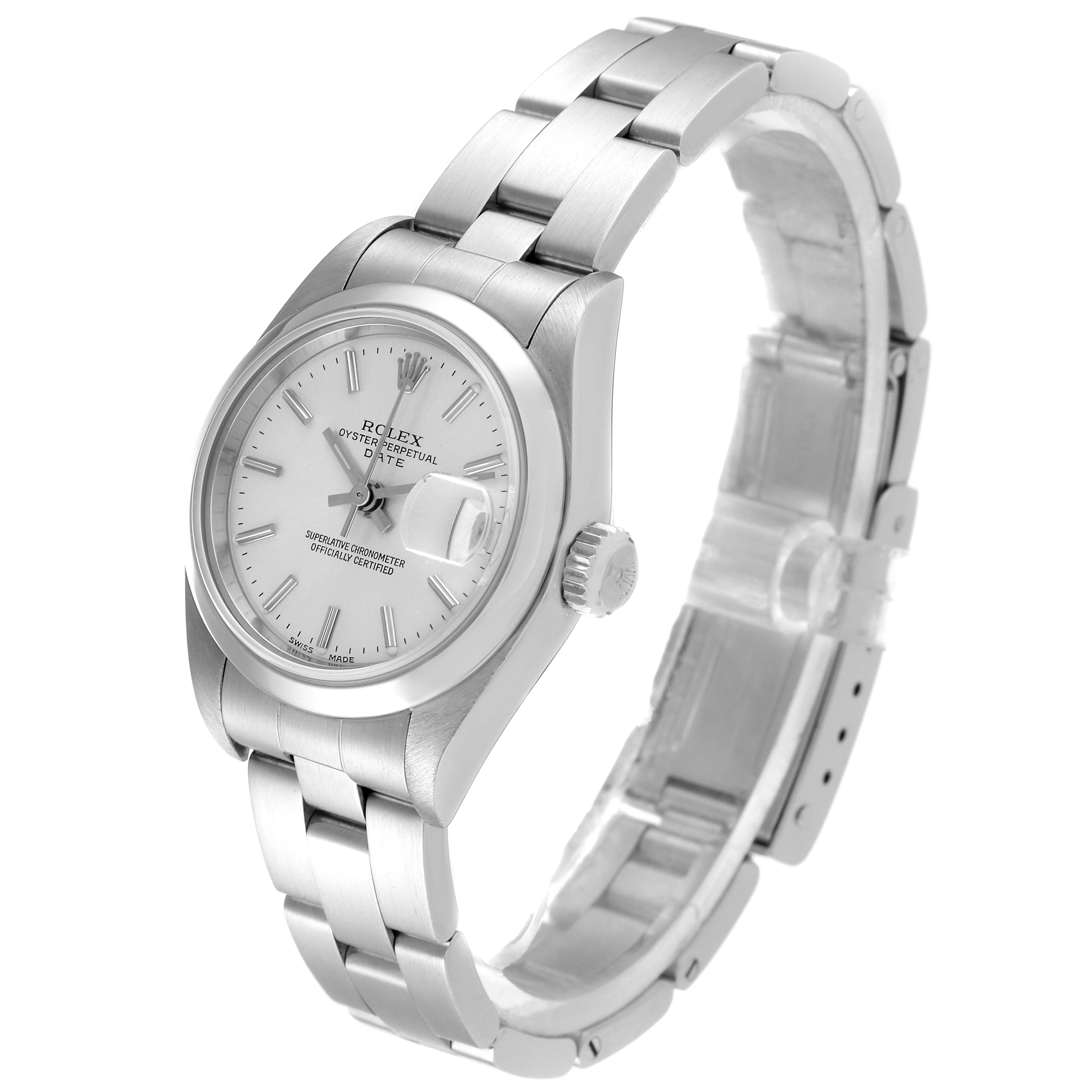 The Rolex Date 79160 Women
s Stainless Steel Silver Dial 79160 Women
s Stainless Steel Silver Dial model watch is shown at a slight angle, highlighting its face, bracelet, and the crown.