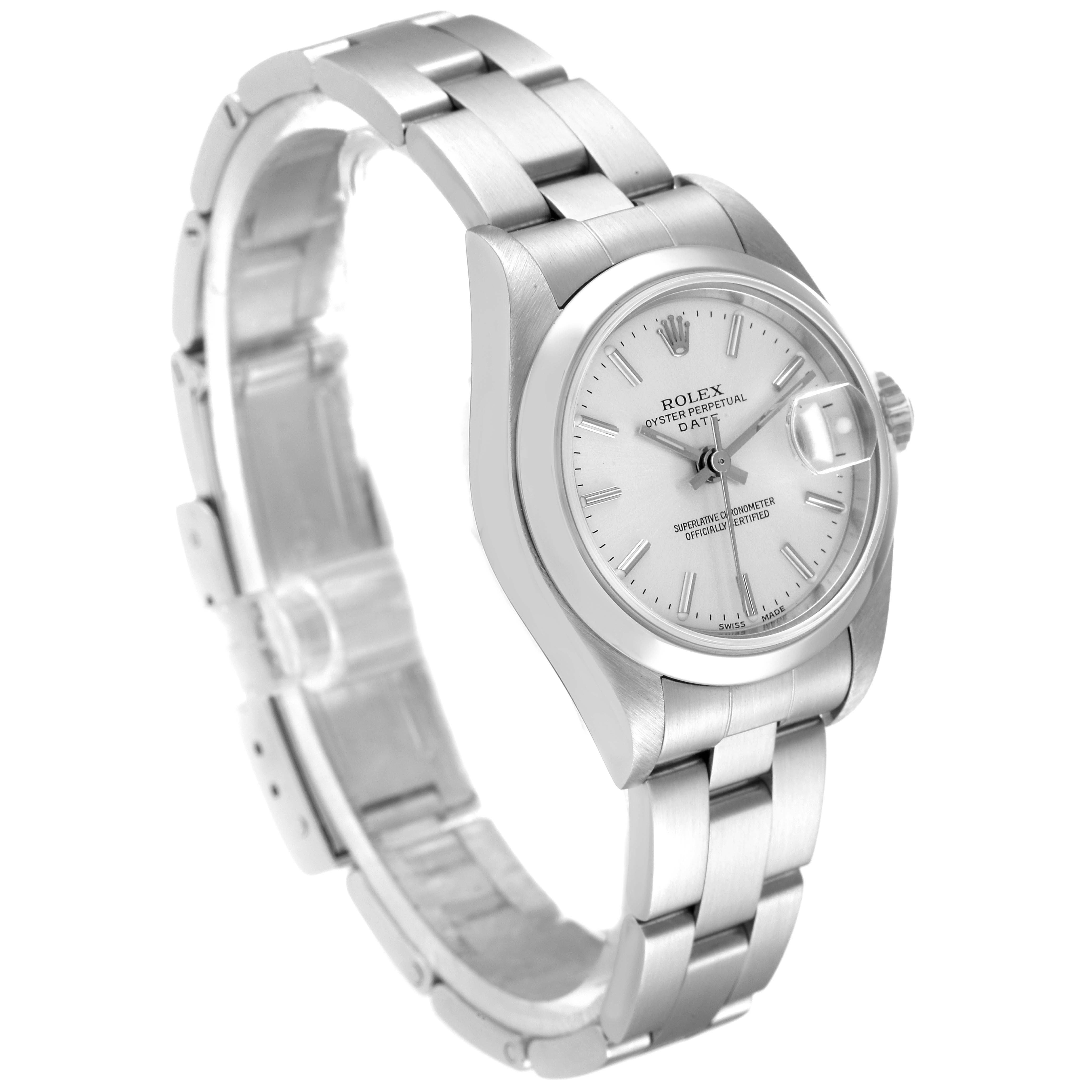 The image shows a Rolex Date 79160 Women
s Stainless Steel Silver Dial 79160 Women
s Stainless Steel Silver Dial model watch angled slightly from the front, displaying the bracelet, bezel, crown, and face.