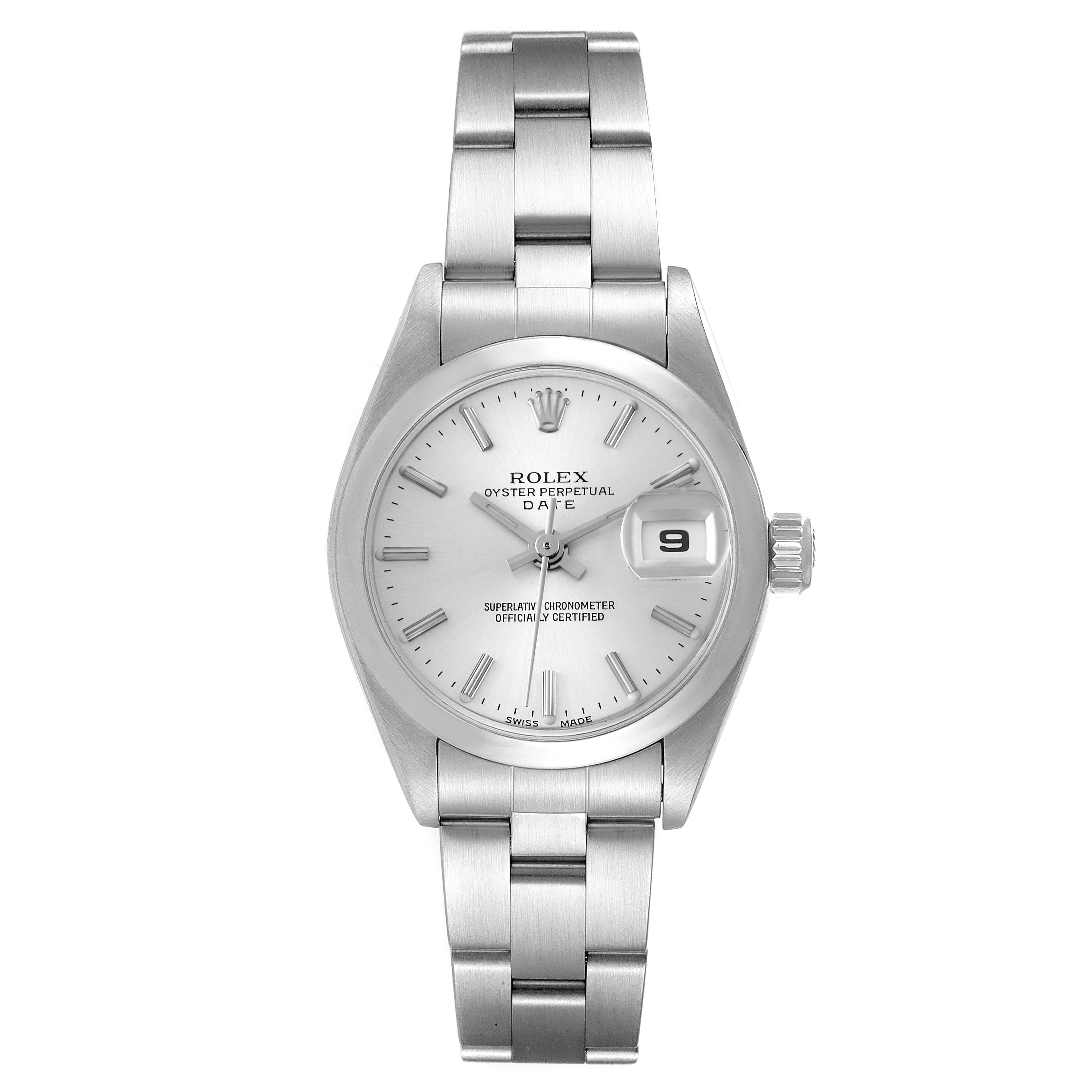 This image shows a frontal view of the Rolex Date 79160 Women
s Stainless Steel Silver Dial 79160 Women
s Stainless Steel Silver Dial watch, featuring the dial, date window, and stainless steel bracelet.