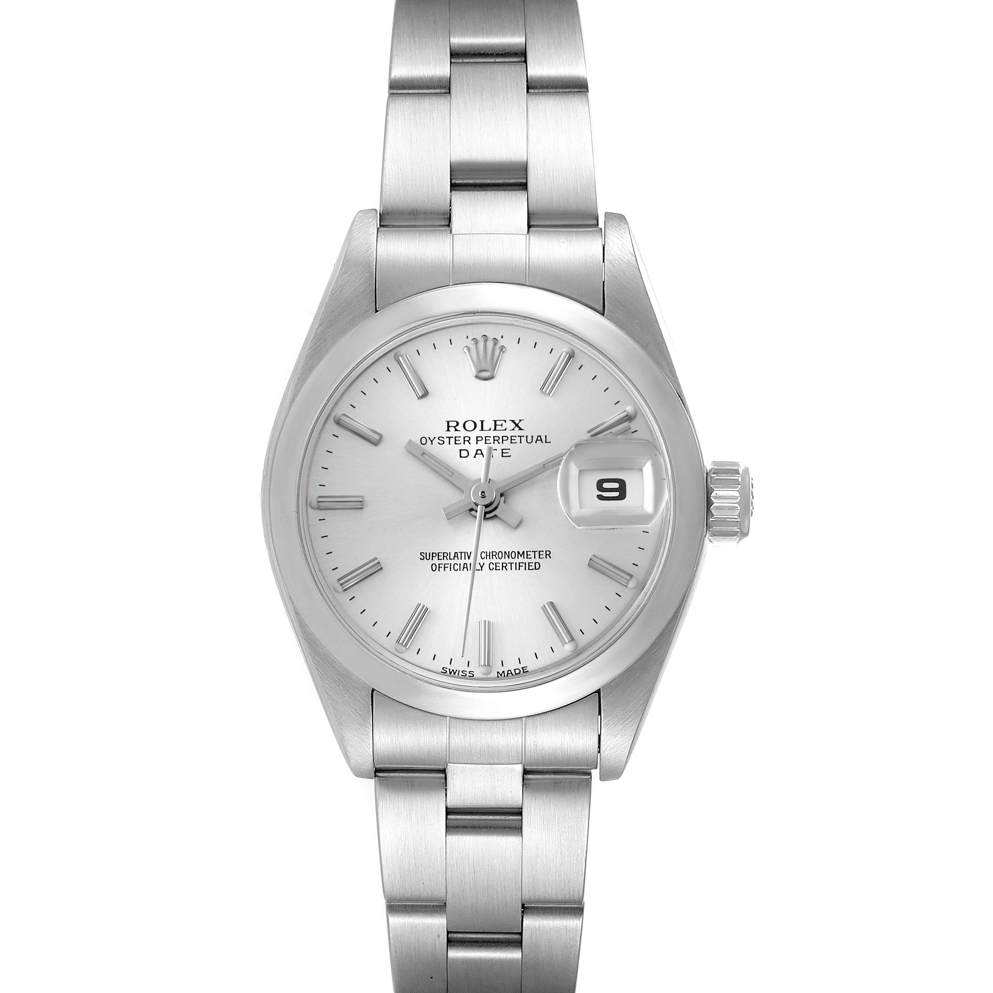 The image shows a front view of a Rolex Date 79160 Women
s Stainless Steel Silver Dial 79160 Women
s Stainless Steel Silver Dial model watch, highlighting the dial, bracelet, crown, and date window.