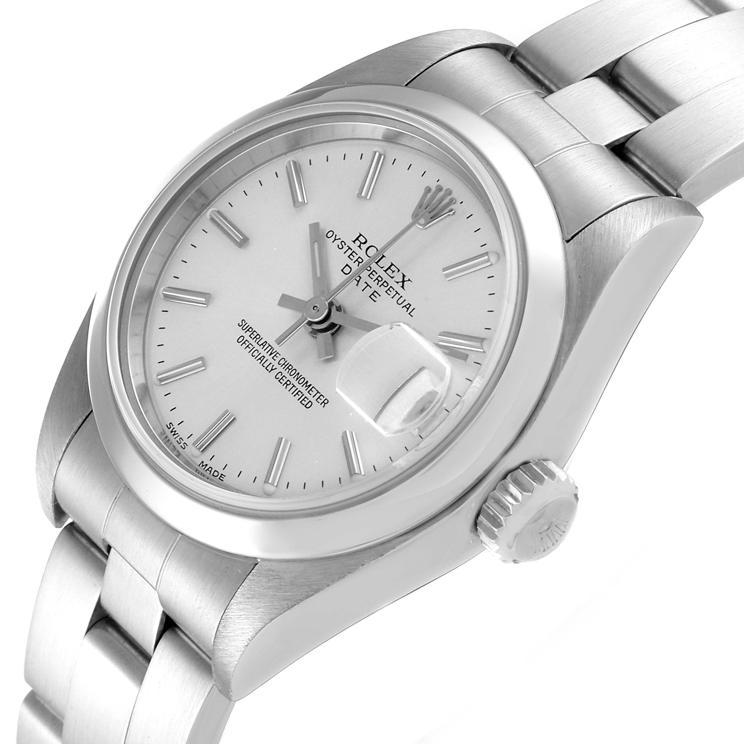 The image shows a Rolex Date 79160 Women
s Stainless Steel Silver Dial 79160 Women
s Stainless Steel Silver Dial model watch at an angled view, highlighting the face, crown, and part of the bracelet.
