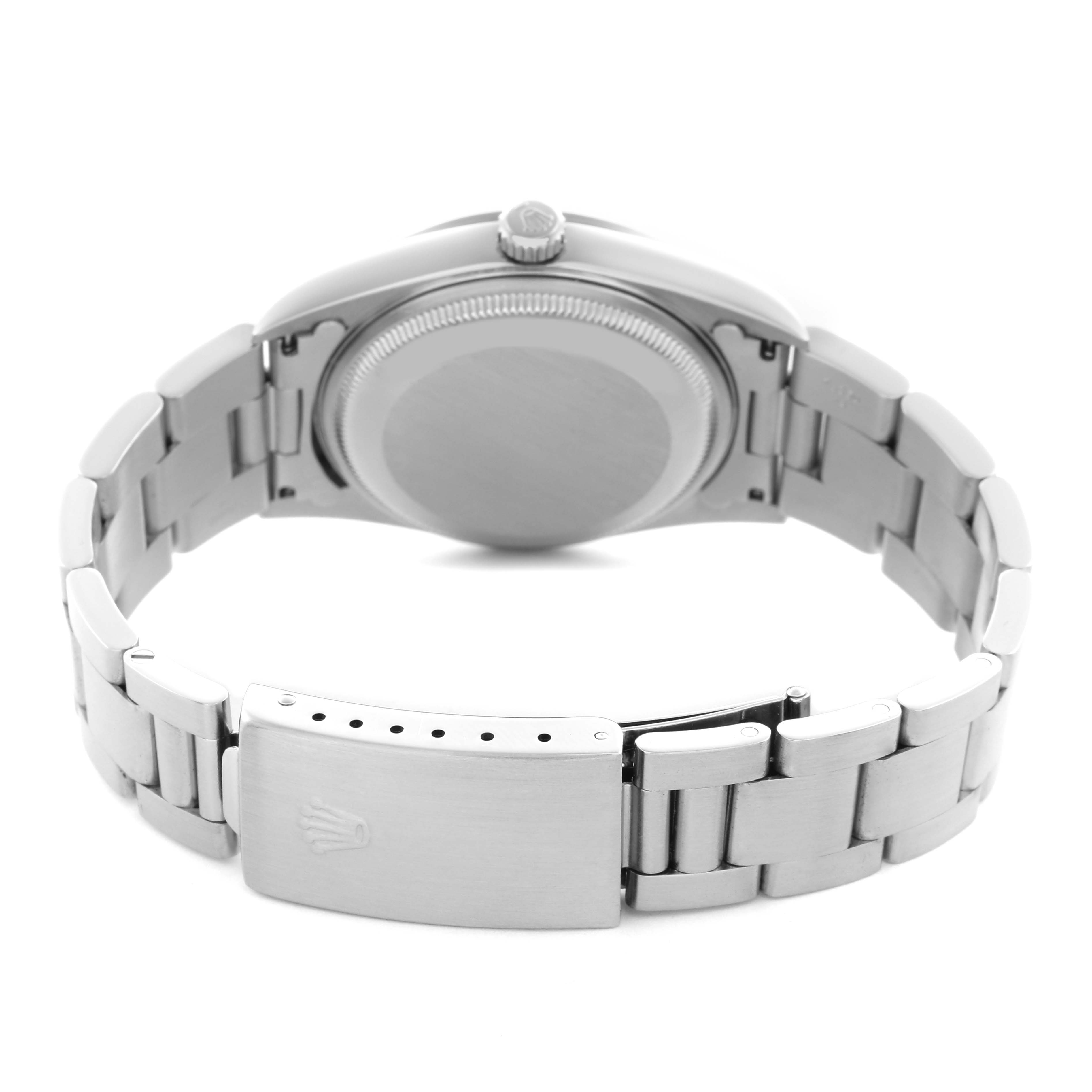 The image shows the back of a Rolex Date 15200 Men
s Stainless Steel Silver Dial 15200 Men
s Stainless Steel Silver Dial model watch, focusing on the case back, bracelet, and clasp.