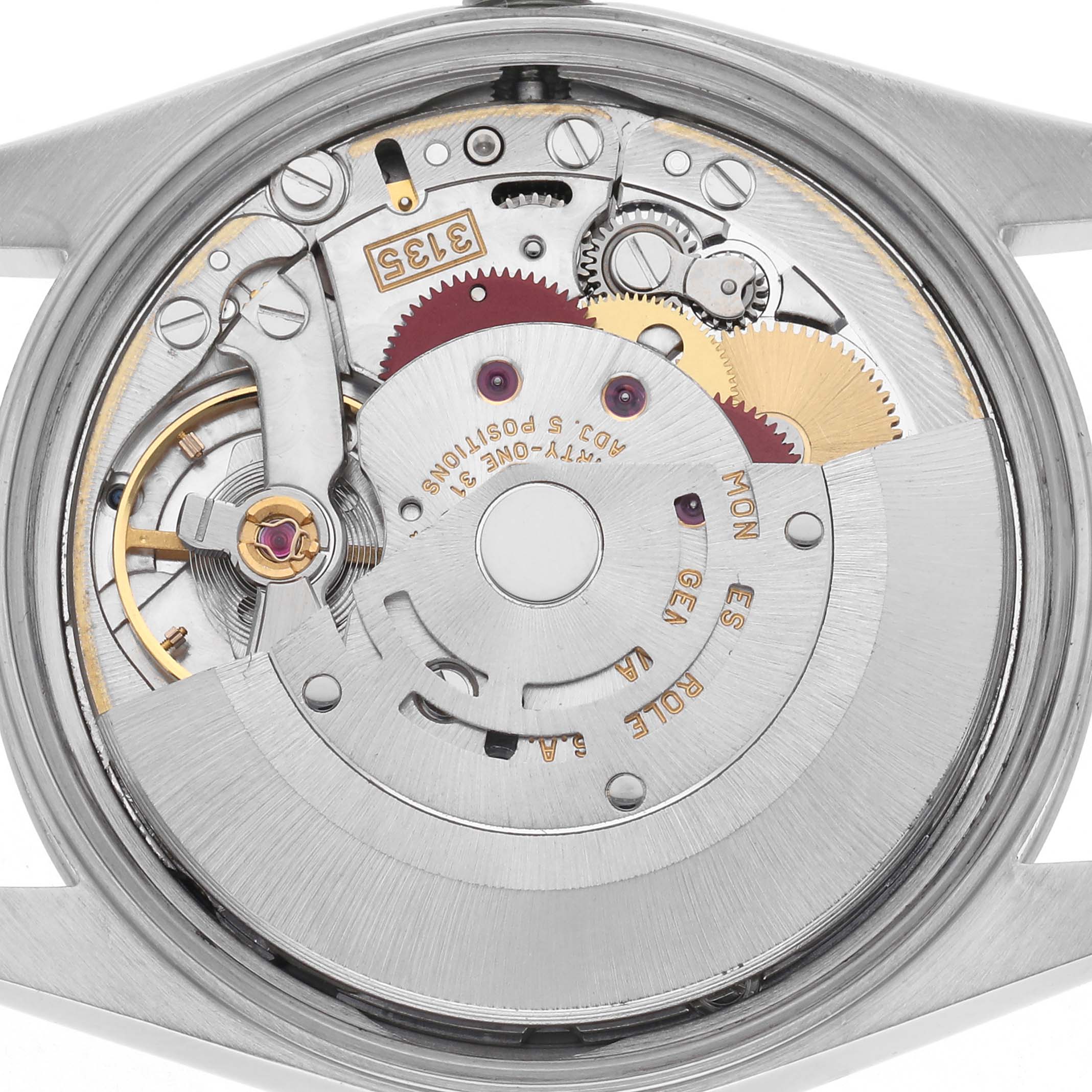 The image shows the movement mechanism of a Rolex Date 15200 Men
s Stainless Steel Silver Dial 15200 Men
s Stainless Steel Silver Dial watch from the back, highlighting gears and components.