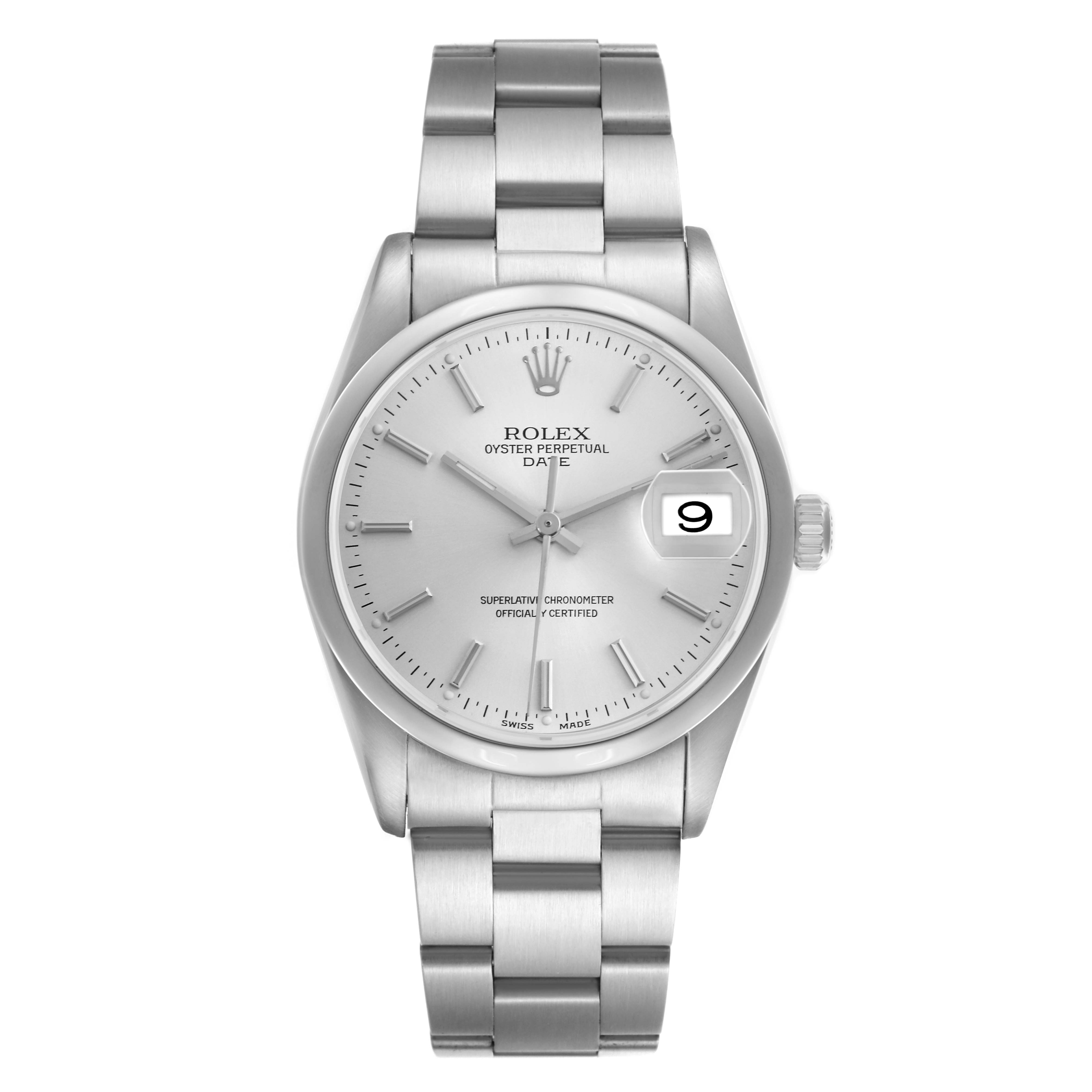 The Rolex Date 15200 Men
s Stainless Steel Silver Dial 15200 Men
s Stainless Steel Silver Dial model watch is shown from a front view, highlighting the dial, bracelet, and date window.