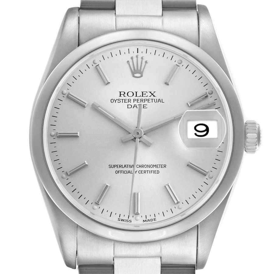 The Rolex Date watch is shown from a front angle, featuring its dial, hands, markers, and date window with a magnifying lens.