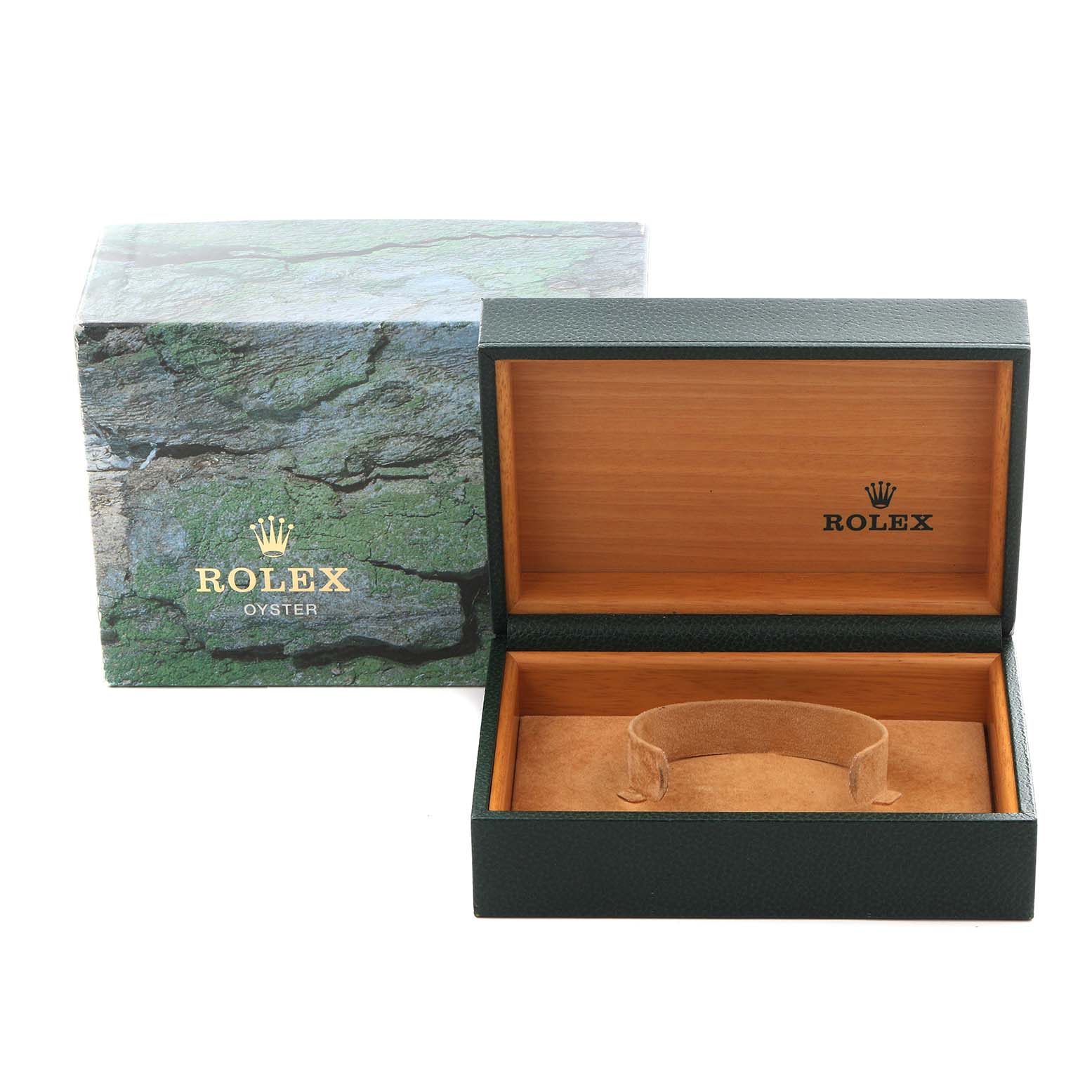 The image shows a Rolex Date 15200 Men
s Stainless Steel Silver Dial 15200 Men
s Stainless Steel Silver Dial model watch box, featuring an open view with a cushion inside and a closed box beside it.