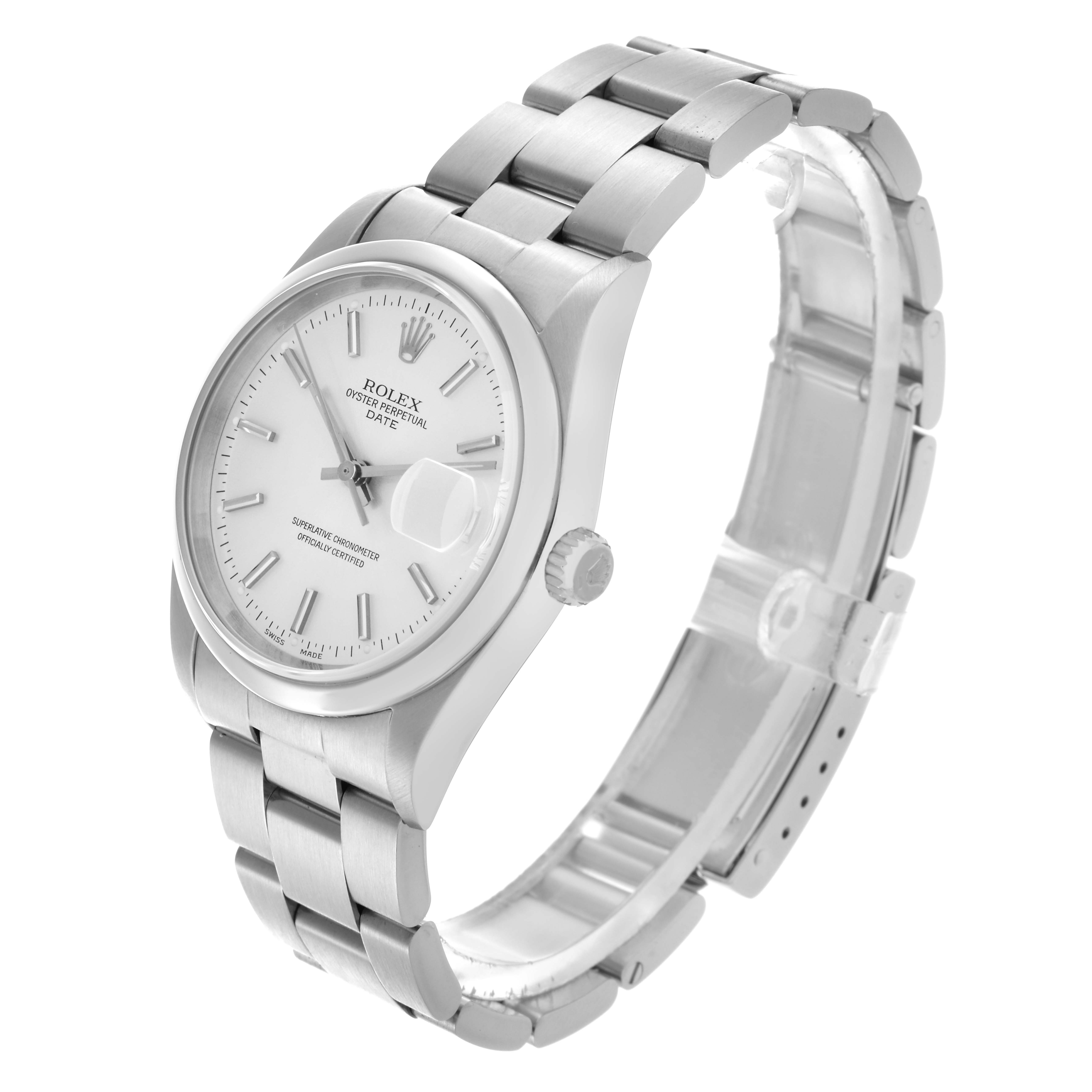 The Rolex Date 15200 Men
s Stainless Steel Silver Dial 15200 Men
s Stainless Steel Silver Dial model watch is shown at a slight angle, displaying the face, bezel, case, crown, and bracelet links.