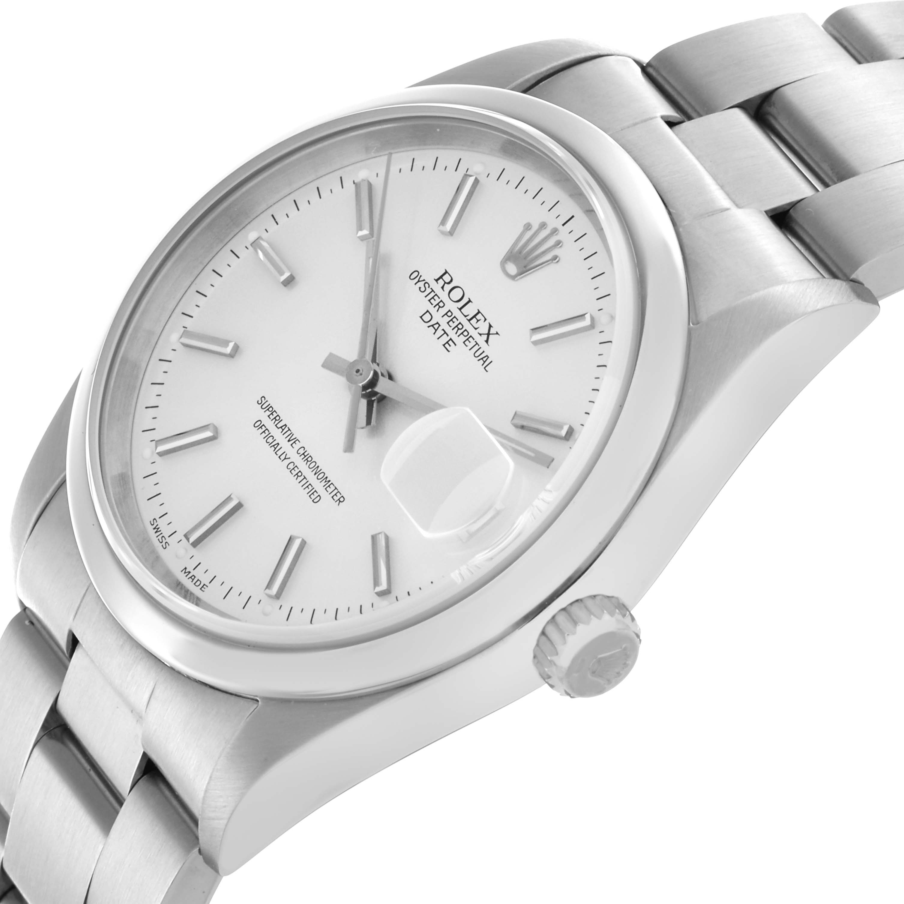 The Rolex Date 15200 Men
s Stainless Steel Silver Dial 15200 Men
s Stainless Steel Silver Dial model watch is shown at a slight angle, highlighting the dial, crown, and part of the bracelet.
