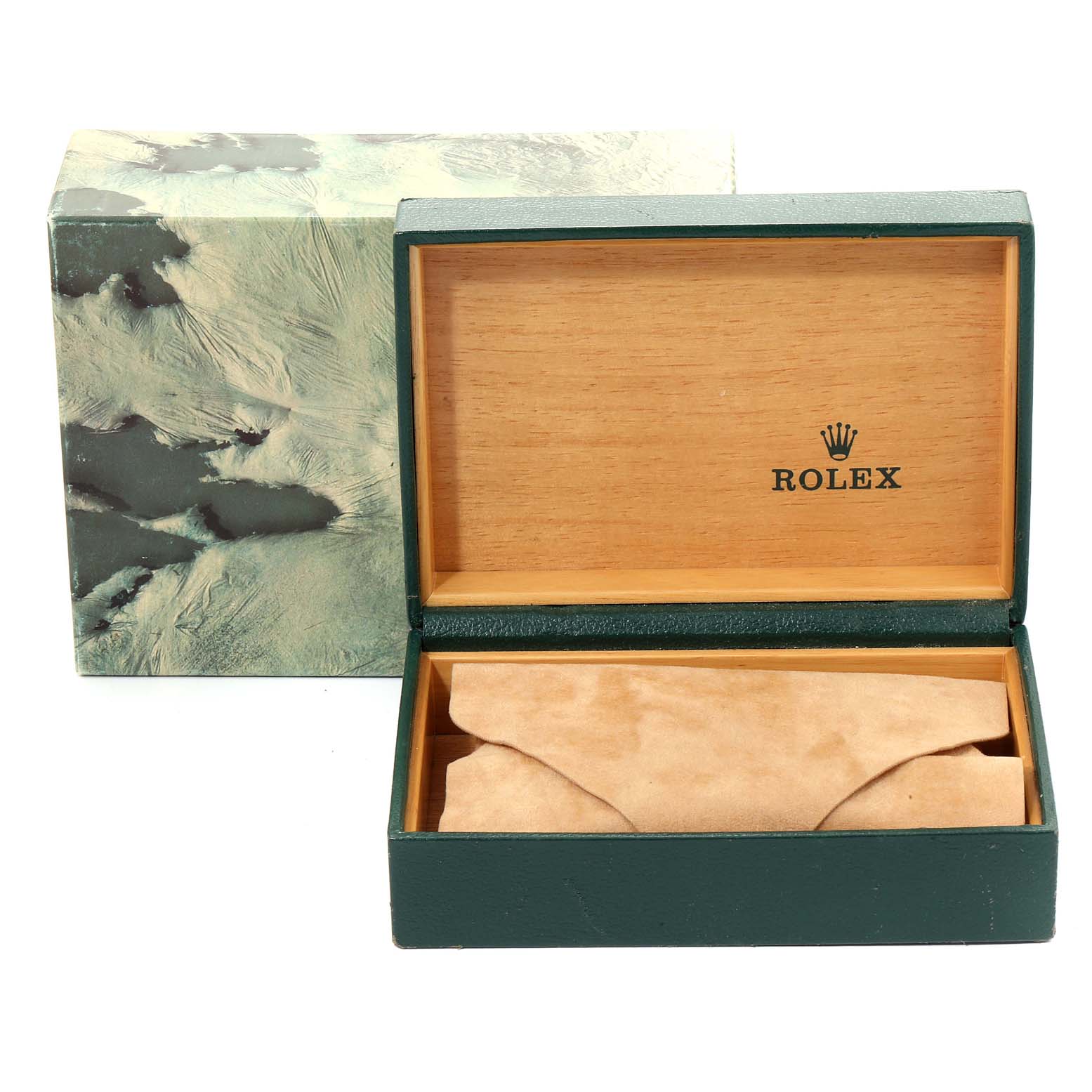 The image shows the open box for the Rolex Vintage Collection 15000 Men's Stainless Steel Silver Dial 15000 Men's Stainless Steel Silver Dial model, displaying its inner wooden compartment and outer packaging.