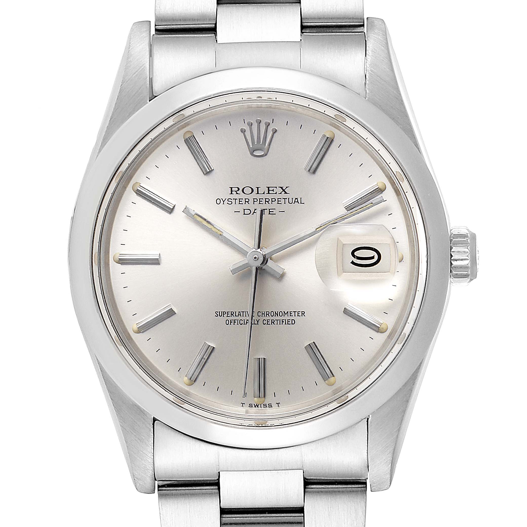 The image shows a close-up, frontal view of the Rolex Vintage Collection 15000 Men's Stainless Steel Silver Dial 15000 Men's Stainless Steel Silver Dial Oyster Perpetual Date watch, highlighting the dial, hands, and date window.