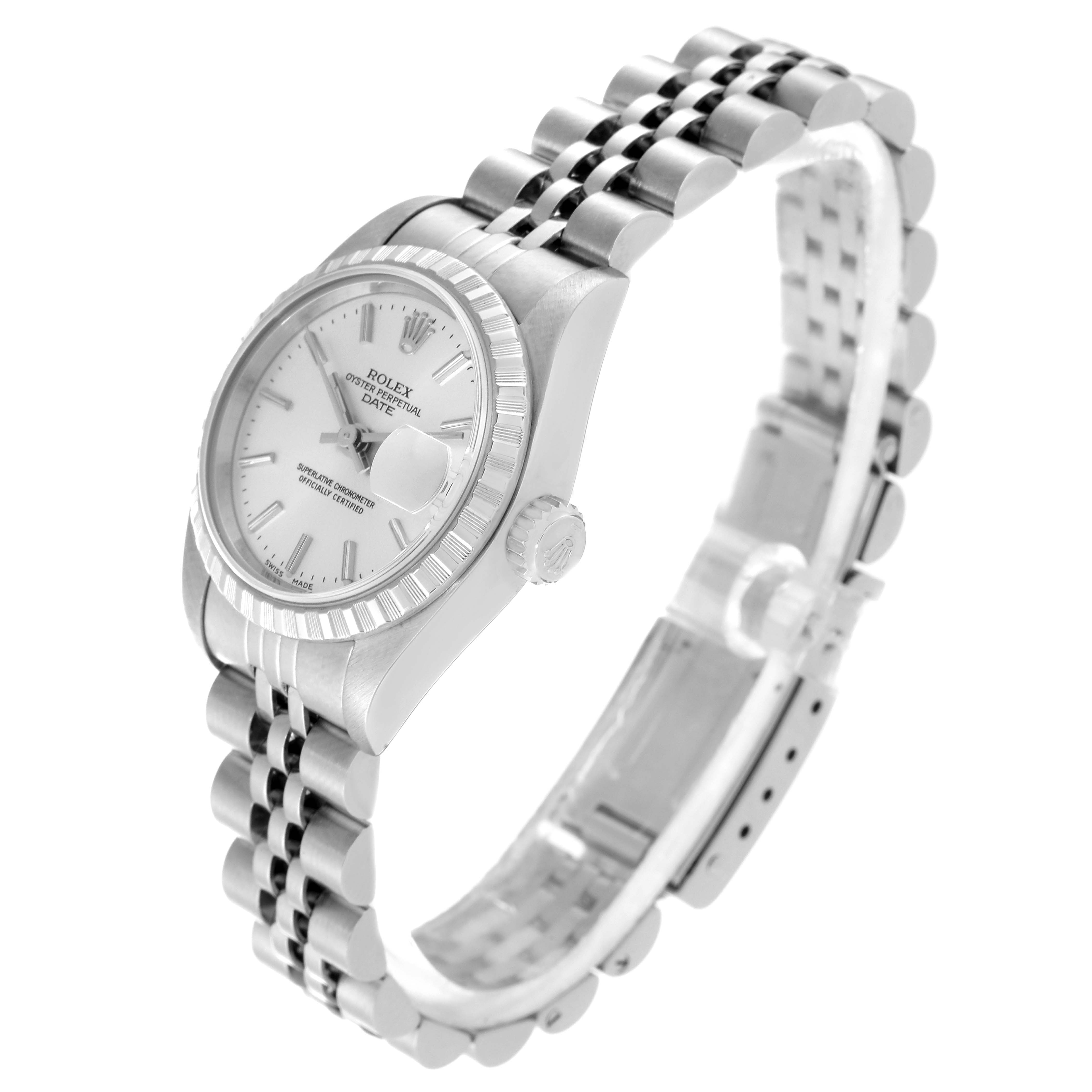 This image shows a Rolex Date 69240 Women's Stainless Steel Silver Dial 69240 Women's Stainless Steel Silver Dial model watch at a three-quarter angle, highlighting the watch face, bezel, crown, and bracelet.