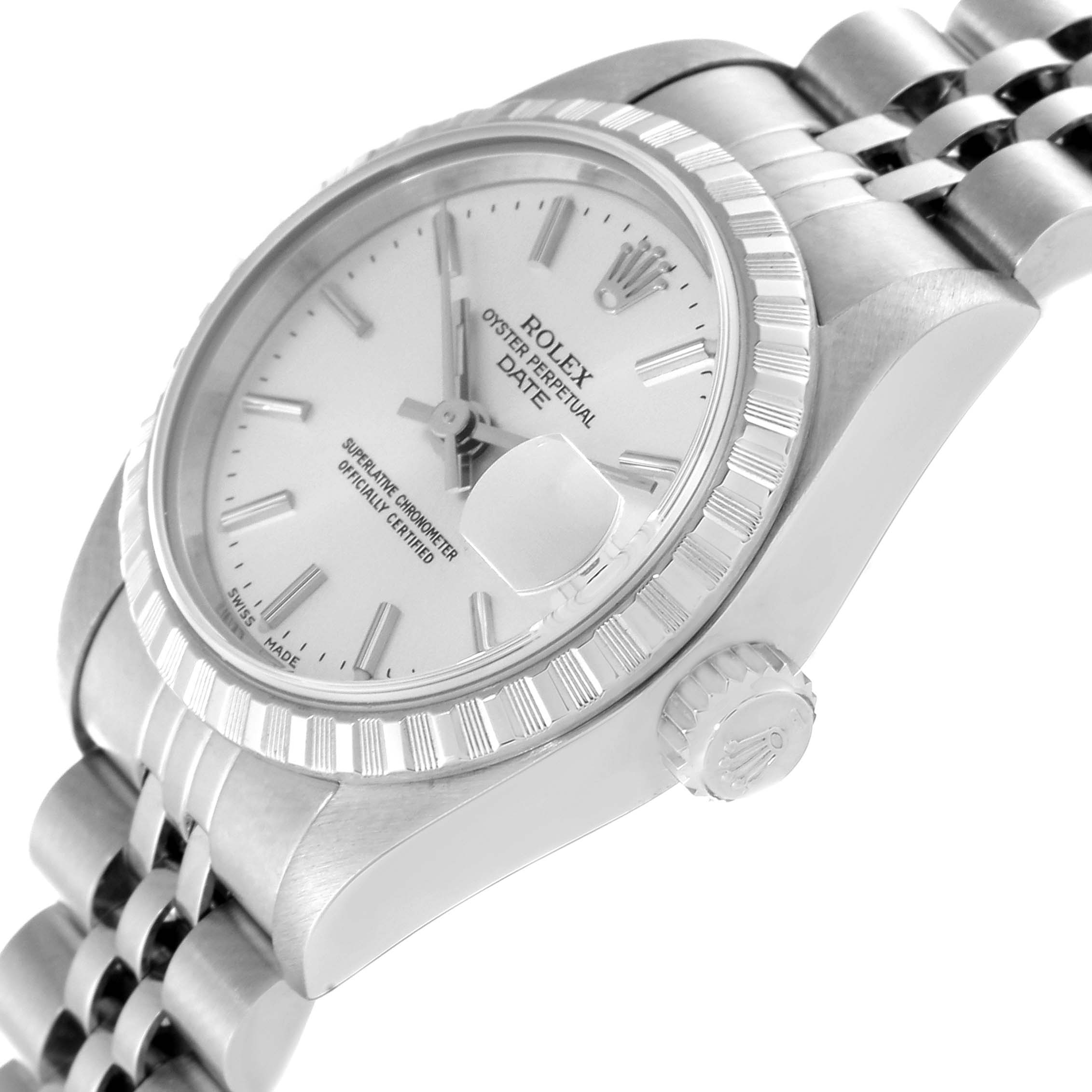 The image shows a close-up angled view of the Rolex Date 69240 Women's Stainless Steel Silver Dial 69240 Women's Stainless Steel Silver Dial watch, highlighting the face, bezel, crown, and part of the bracelet.