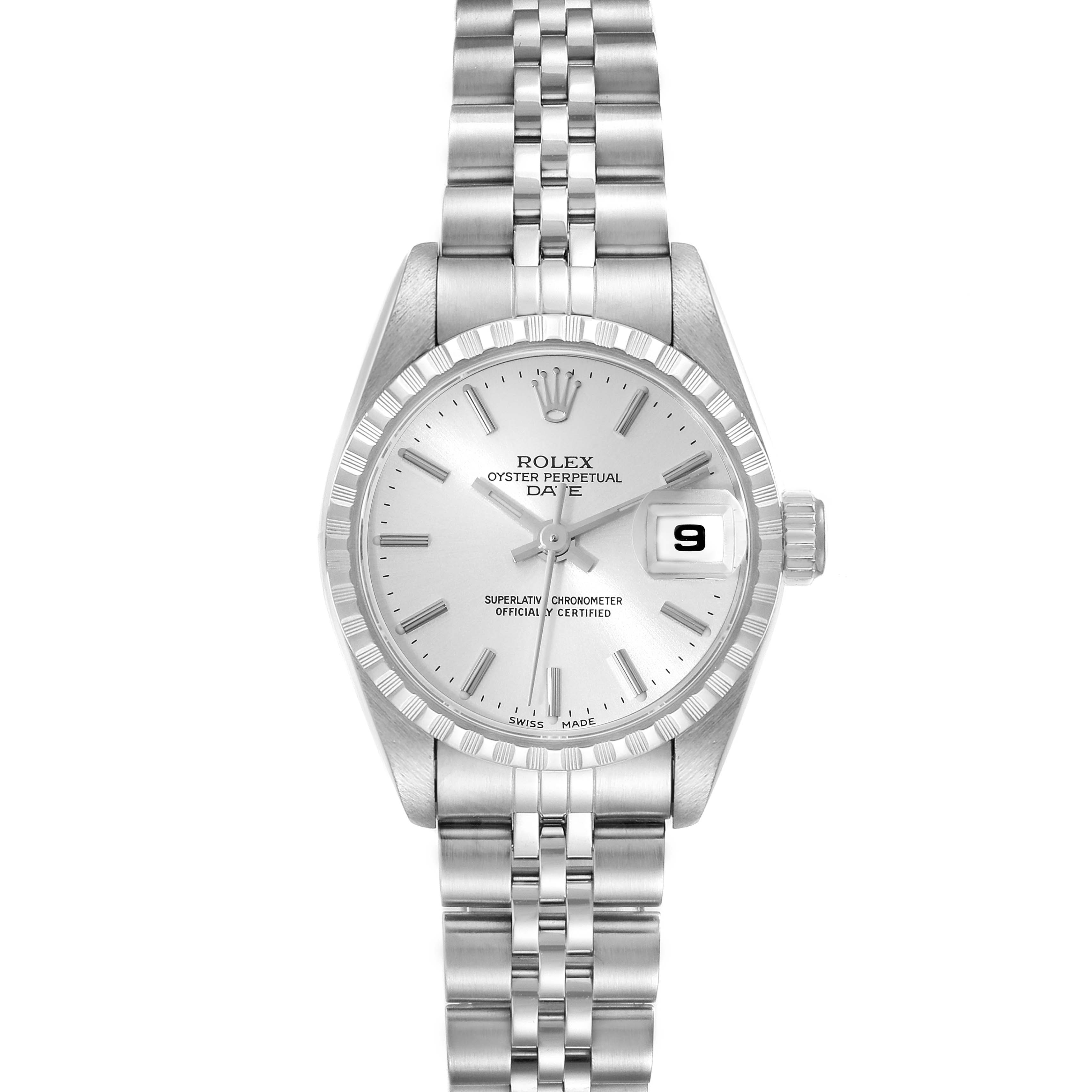 The Rolex Date 69240 Women's Stainless Steel Silver Dial 69240 Women's Stainless Steel Silver Dial model is shown from the front, displaying its dial, hands, bezel, and a portion of the bracelet.
