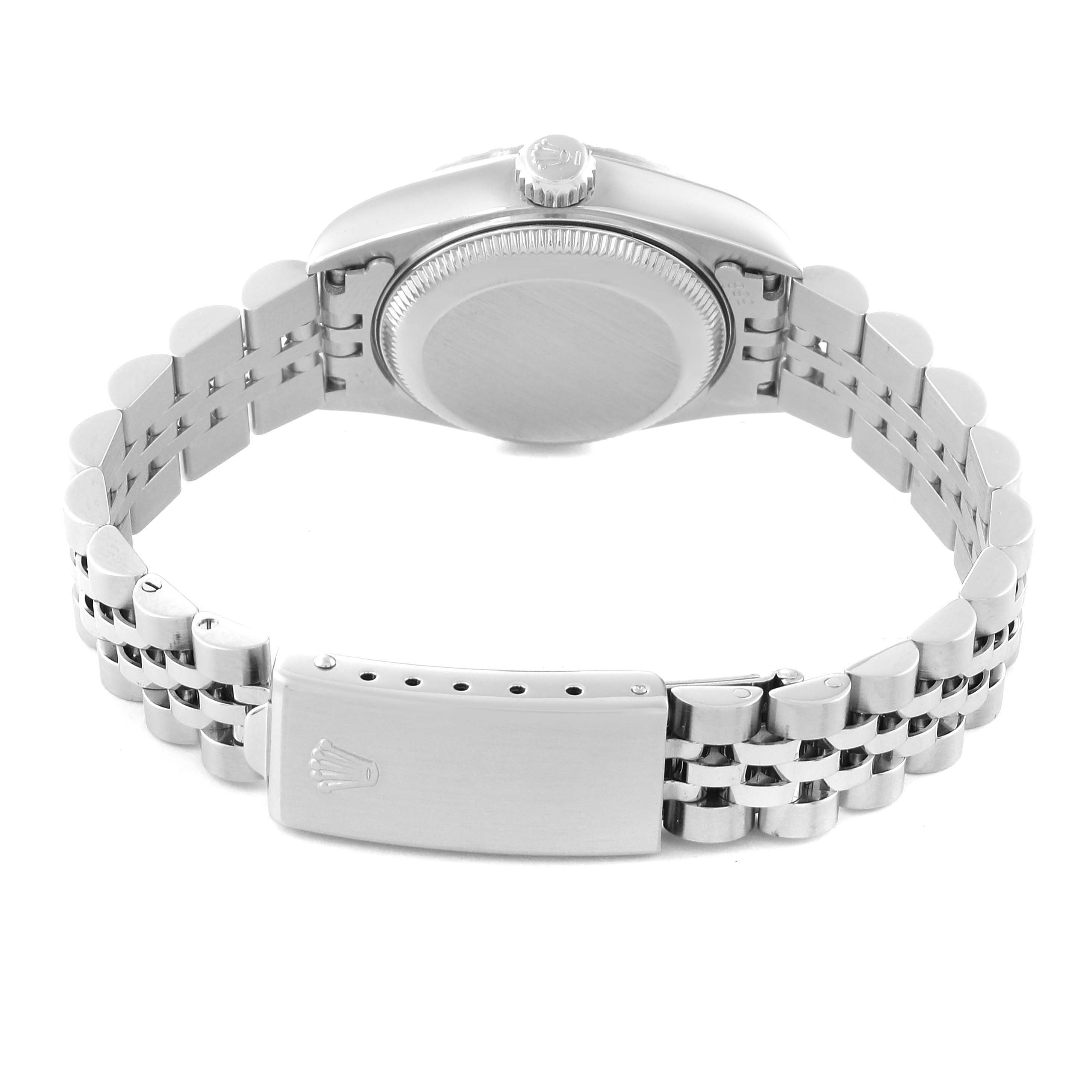 This image shows the back view of a Rolex Date 69240 Women's Stainless Steel Silver Dial 69240 Women's Stainless Steel Silver Dial model watch, highlighting the case back and the bracelet with its clasp.