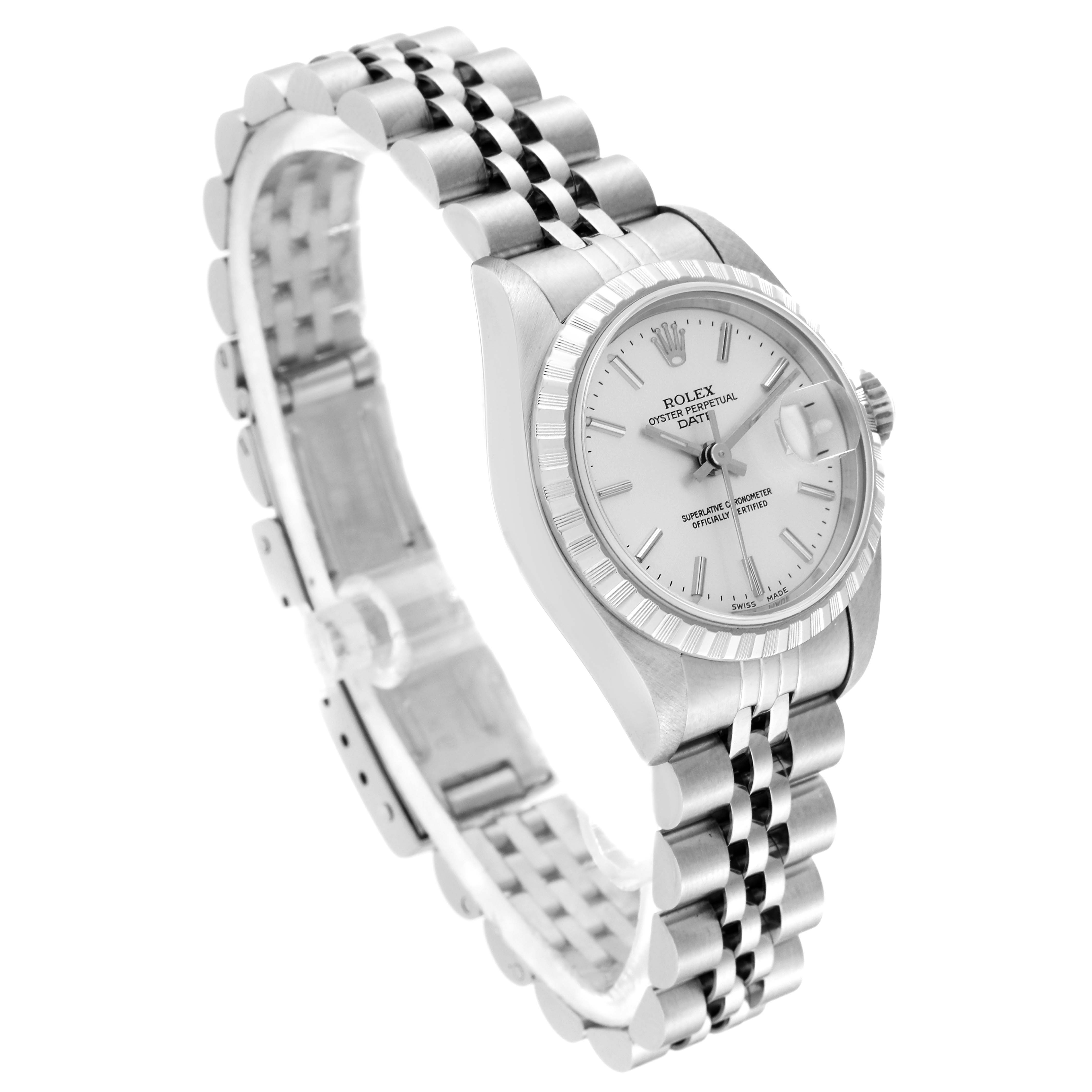 The image shows a side-angle view of the Rolex Date 69240 Women's Stainless Steel Silver Dial 69240 Women's Stainless Steel Silver Dial model watch, highlighting its face, bezel, and Jubilee bracelet.