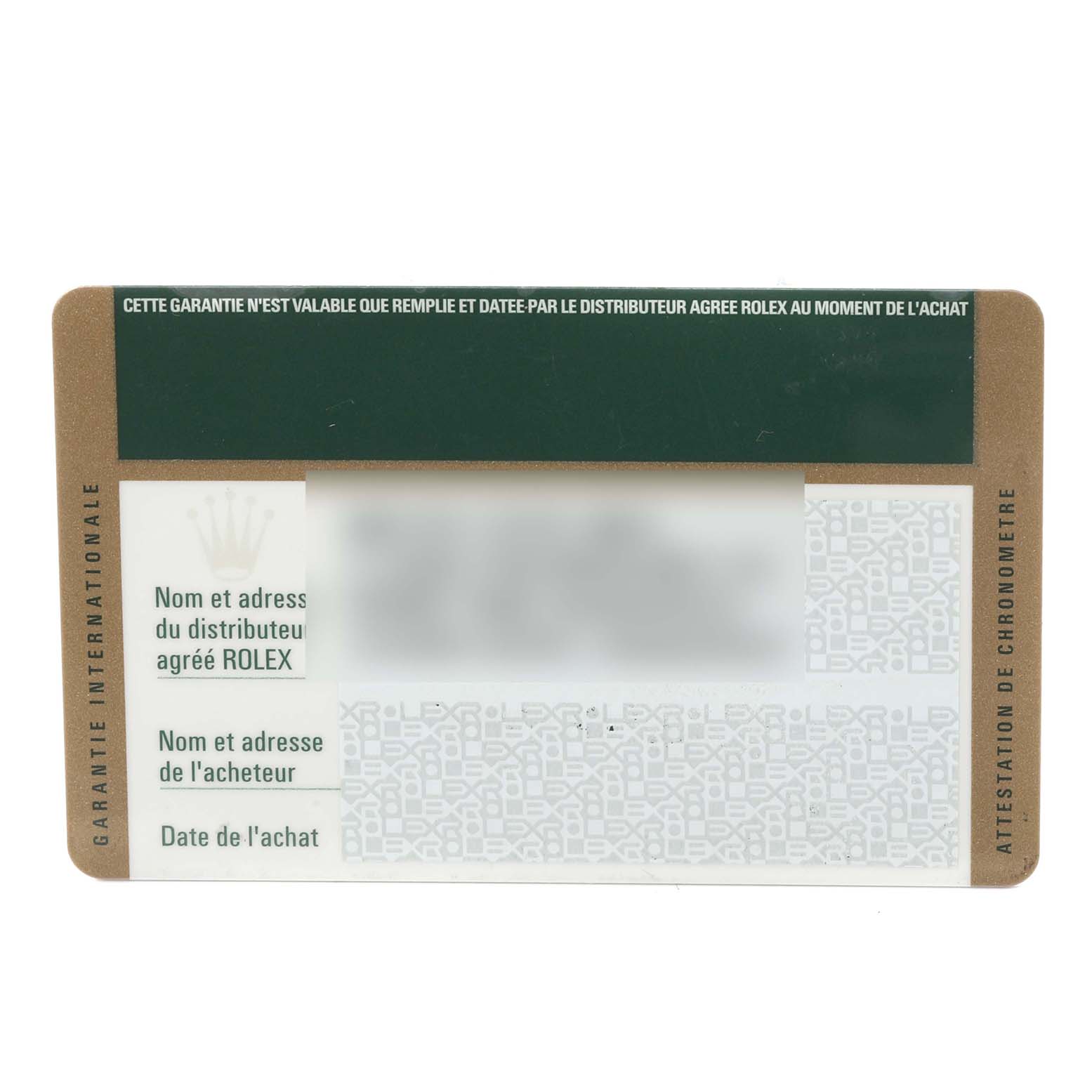 The image shows a Rolex Datejust 179383 Women's Steel and Gold (two tone) Champagne Dial 179383 Women's Steel and Gold (two tone) Champagne Dial international warranty card, highlighting the distributor and purchaser information sections.