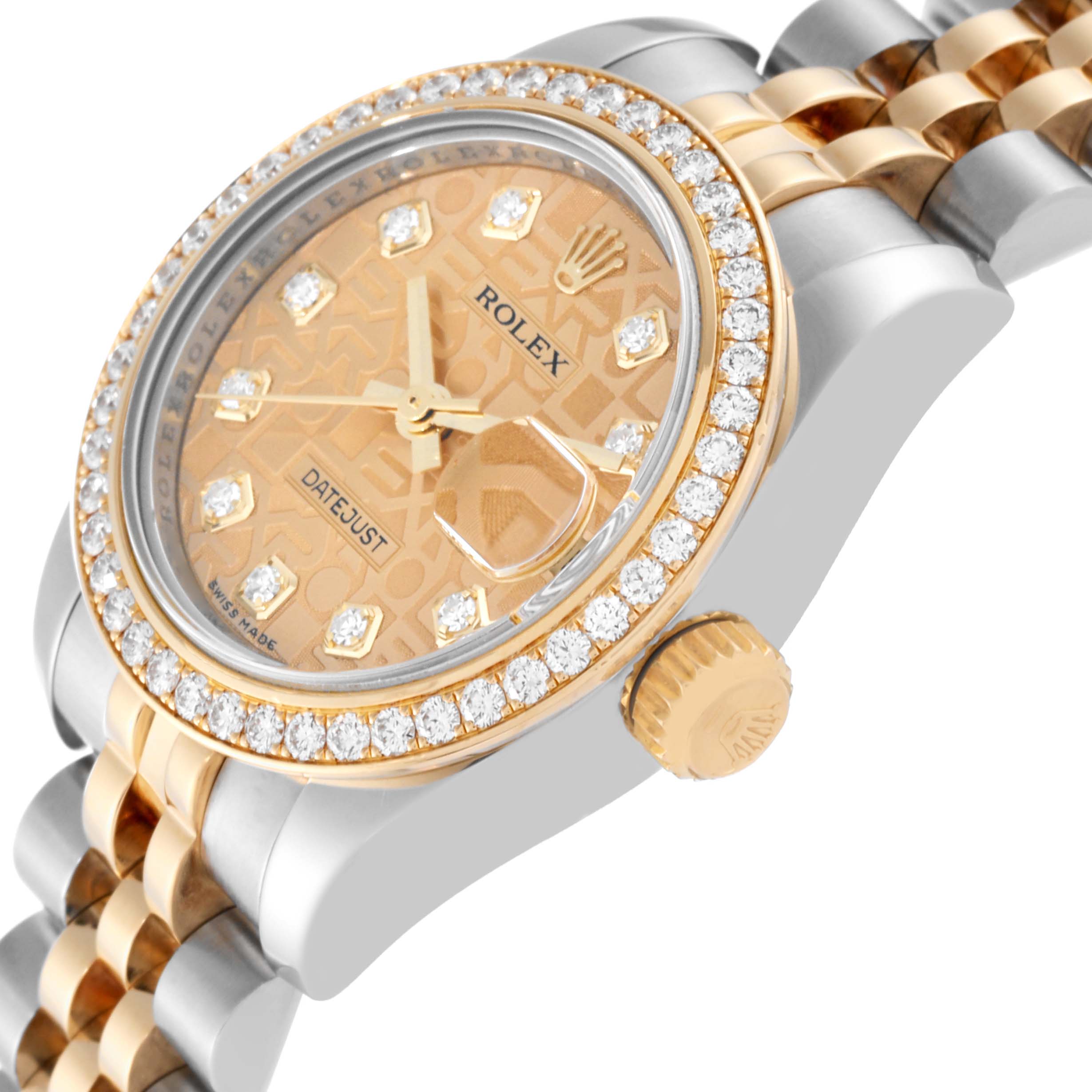 The image shows a close-up angle of the Rolex Datejust 179383 Women's Steel and Gold (two tone) Champagne Dial 179383 Women's Steel and Gold (two tone) Champagne Dial watch featuring its gold dial, diamond bezel, and two-tone bracelet.