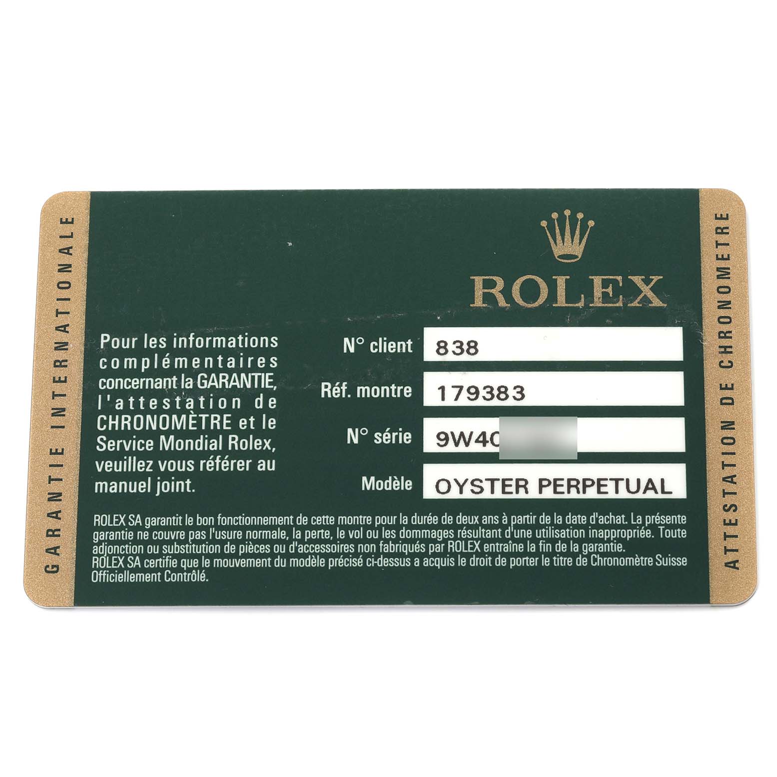 This image shows a warranty card for the Rolex Datejust 179383 Women's Steel and Gold (two tone) Champagne Dial 179383 Women's Steel and Gold (two tone) Champagne Dial model, featuring details like reference number and serial number.