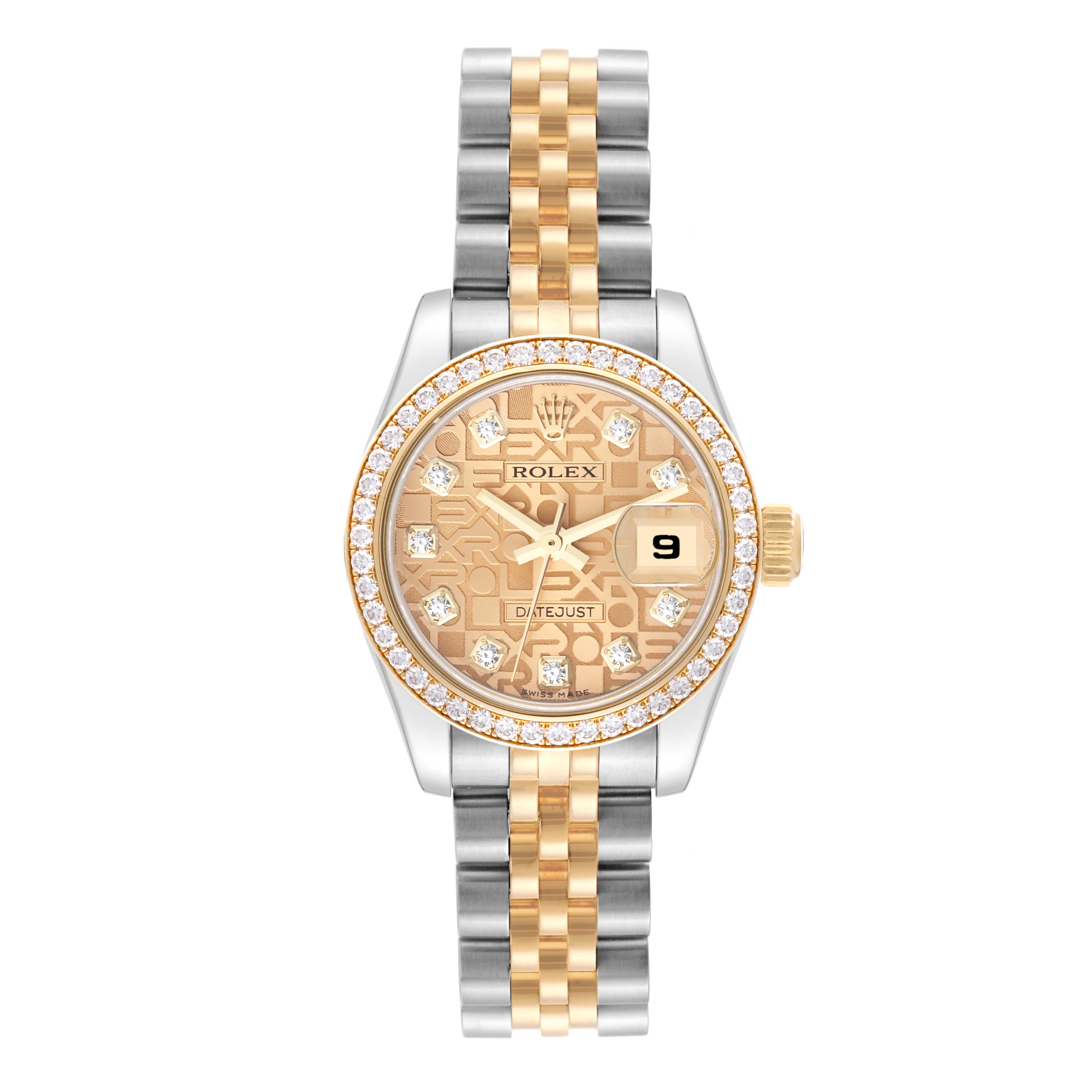 The image shows a front view of a Rolex Datejust 179383 Women's Steel and Gold (two tone) Champagne Dial 179383 Women's Steel and Gold (two tone) Champagne Dial watch with a two-tone bracelet and a diamond-studded bezel.