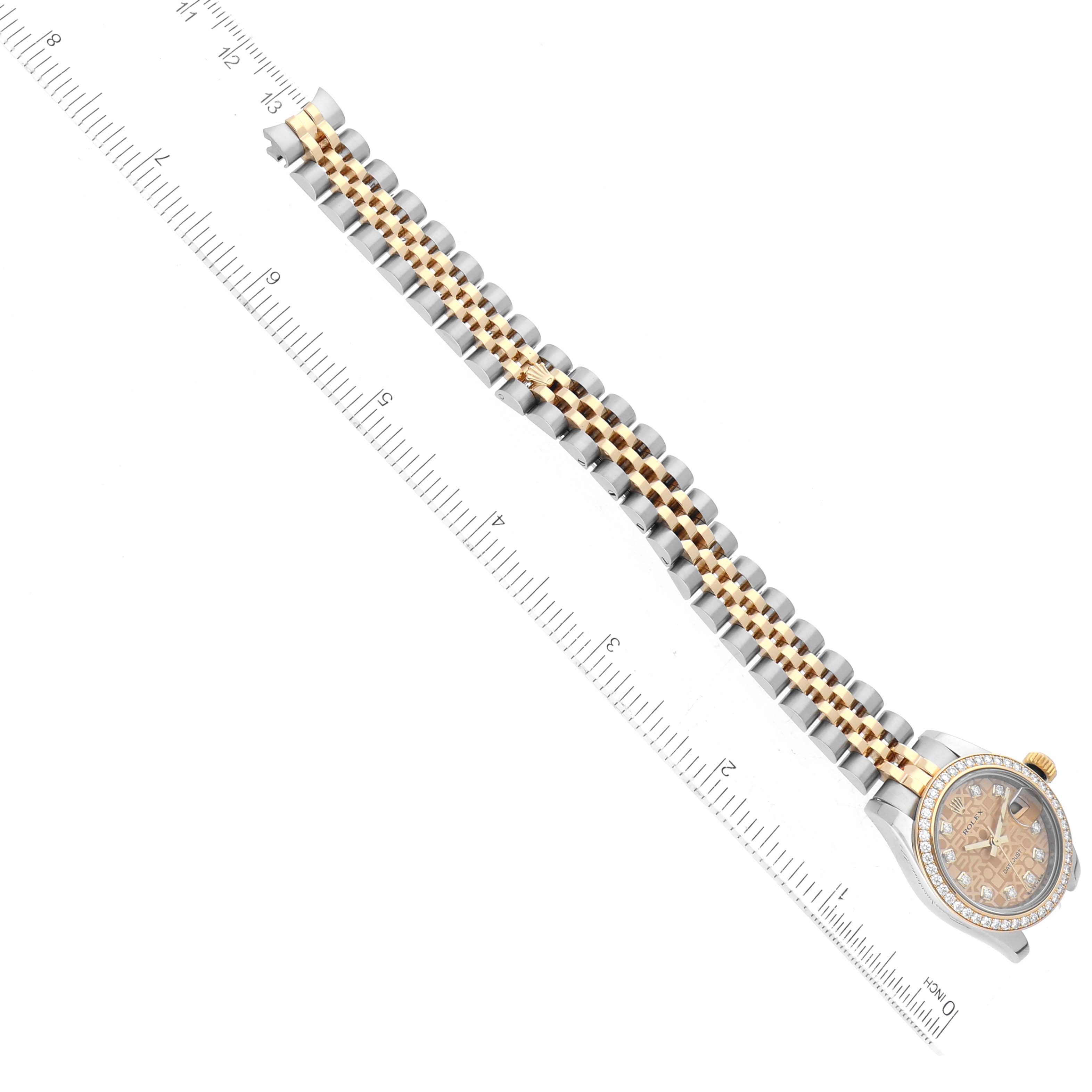 The image shows a Rolex Datejust 179383 Women's Steel and Gold (two tone) Champagne Dial 179383 Women's Steel and Gold (two tone) Champagne Dial watch from an elevated angle, highlighting the watch's bracelet and case.