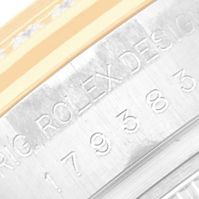 The image shows a close-up angle of the case side of a Rolex Datejust 179383 Women's Steel and Gold (two tone) Champagne Dial 179383 Women's Steel and Gold (two tone) Champagne Dial watch, highlighting the engraved model number.
