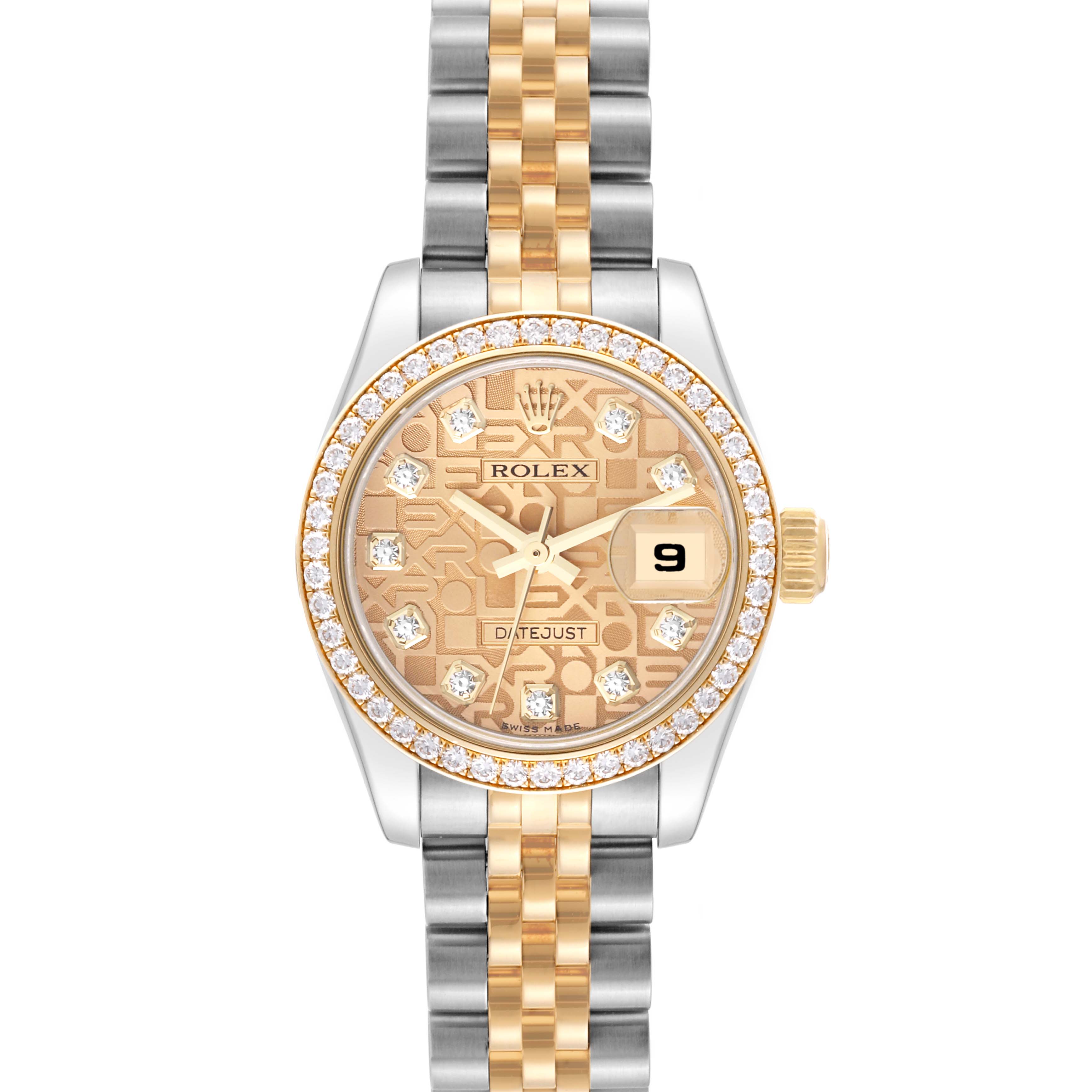 This image shows a Rolex Datejust 179383 Women's Steel and Gold (two tone) Champagne Dial 179383 Women's Steel and Gold (two tone) Champagne Dial watch from a front angle, highlighting its dial, bezel, and bracelet.