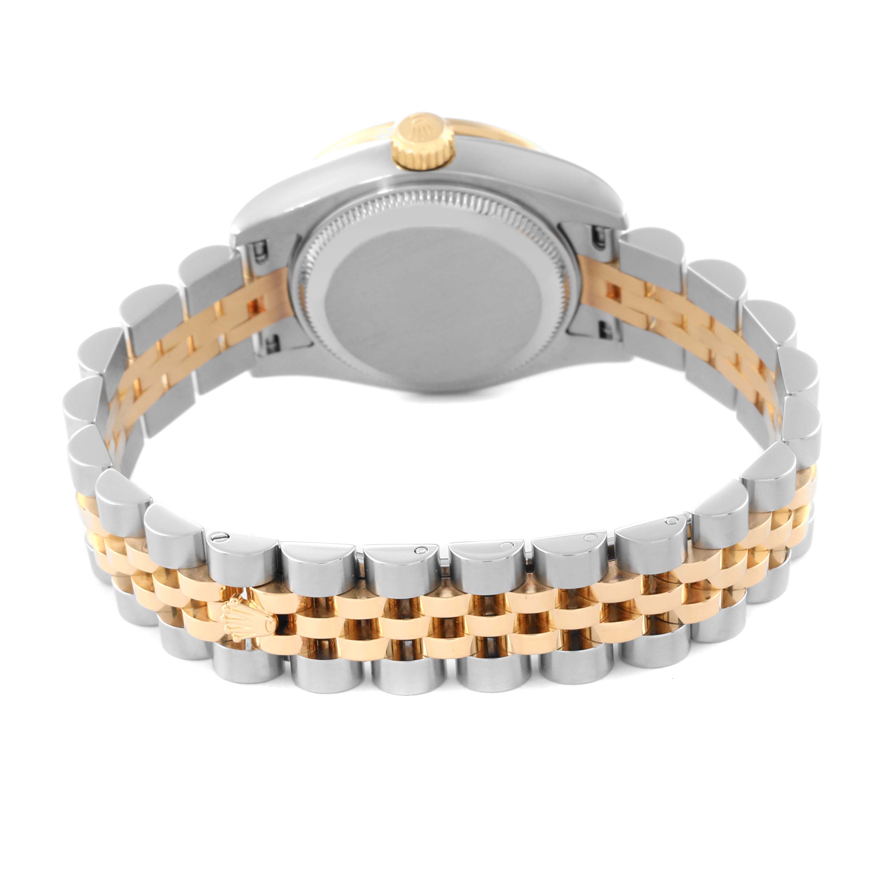 This image shows the back case and two-tone metal bracelet of a Rolex Datejust 179383 Women's Steel and Gold (two tone) Champagne Dial 179383 Women's Steel and Gold (two tone) Champagne Dial watch.