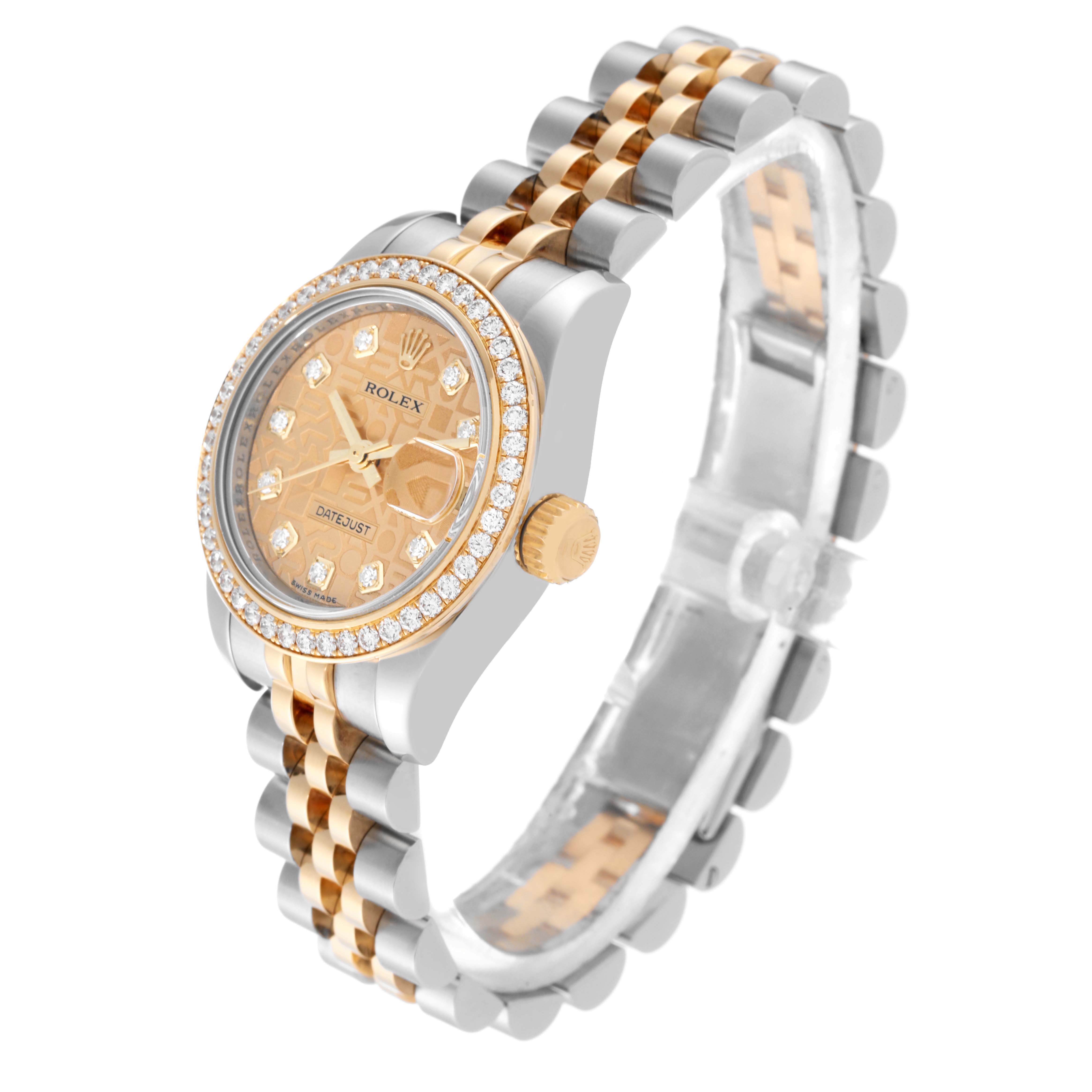 The image shows a Rolex Datejust 179383 Women's Steel and Gold (two tone) Champagne Dial 179383 Women's Steel and Gold (two tone) Champagne Dial watch at a high diagonal angle, highlighting the face, bezel, crown, and jubilee bracelet.